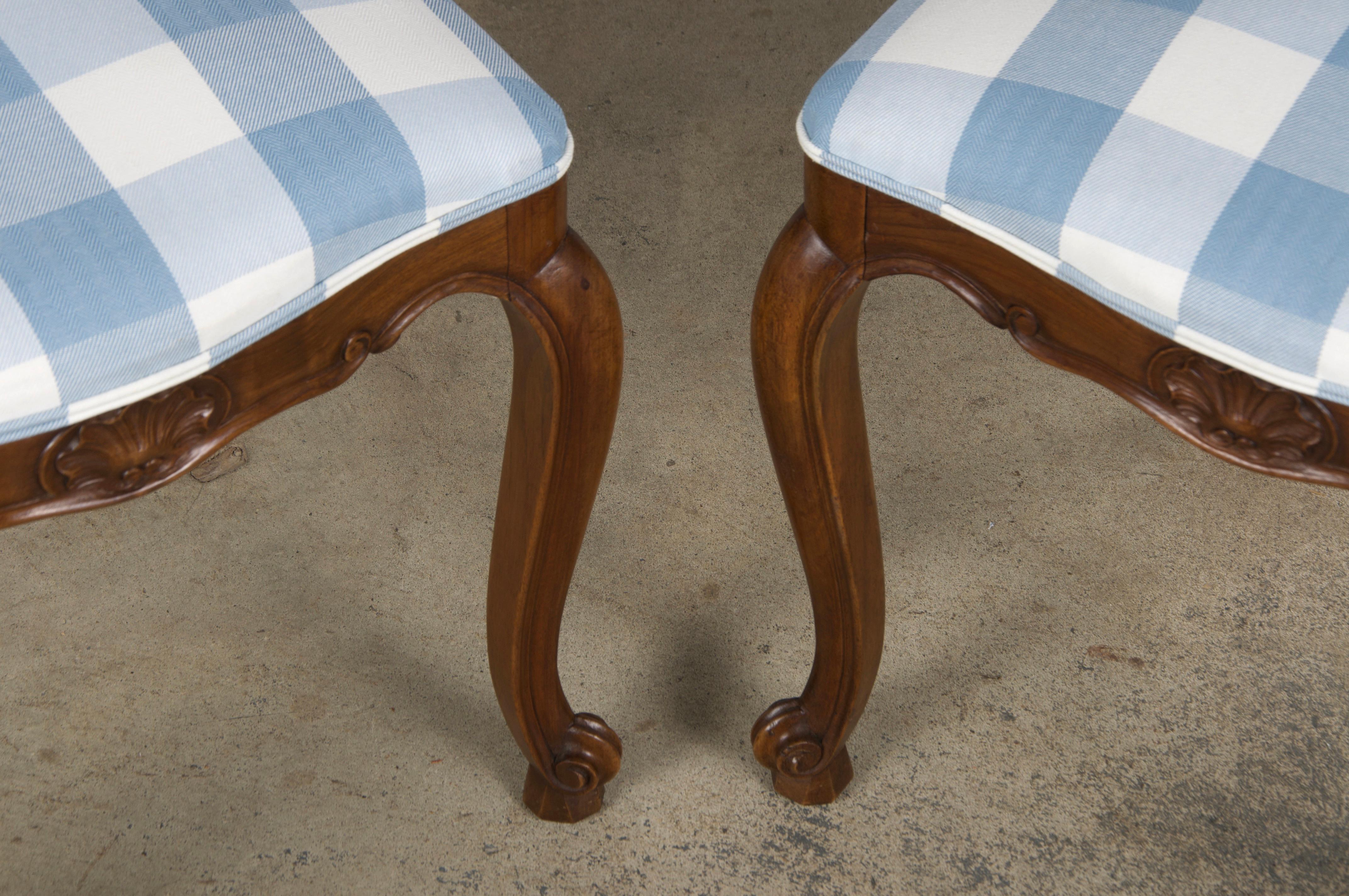 Eight 19th Century French Louis XV Walnut Dining Chairs in Light Blue Plaid For Sale 3