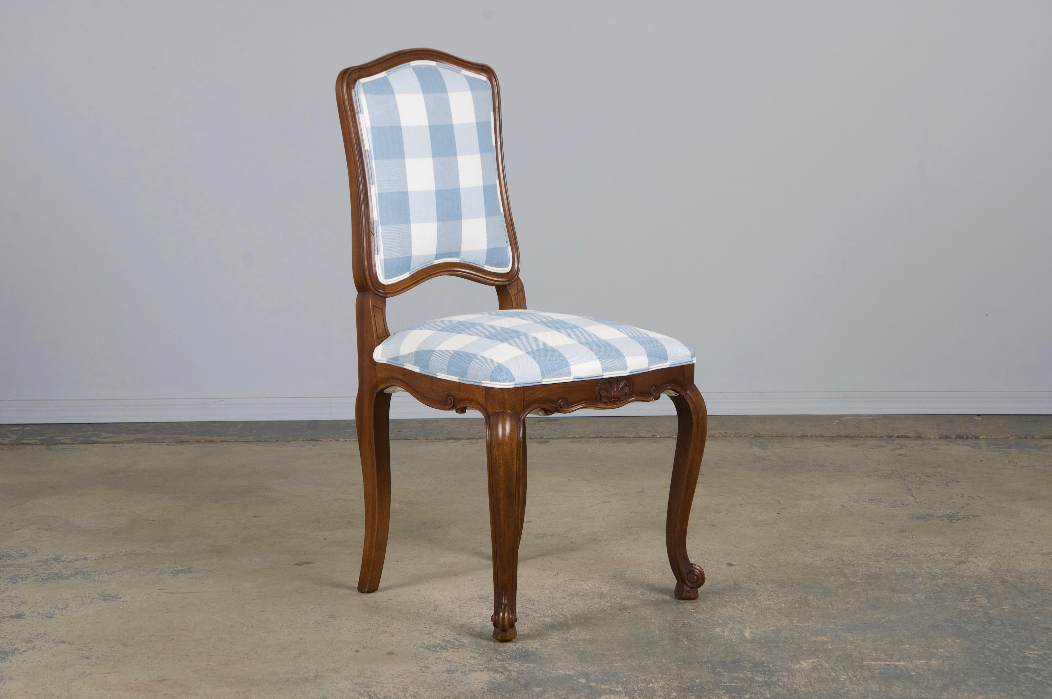 Eight 19th Century French Louis XV Walnut Dining Chairs in Light Blue Plaid For Sale 4