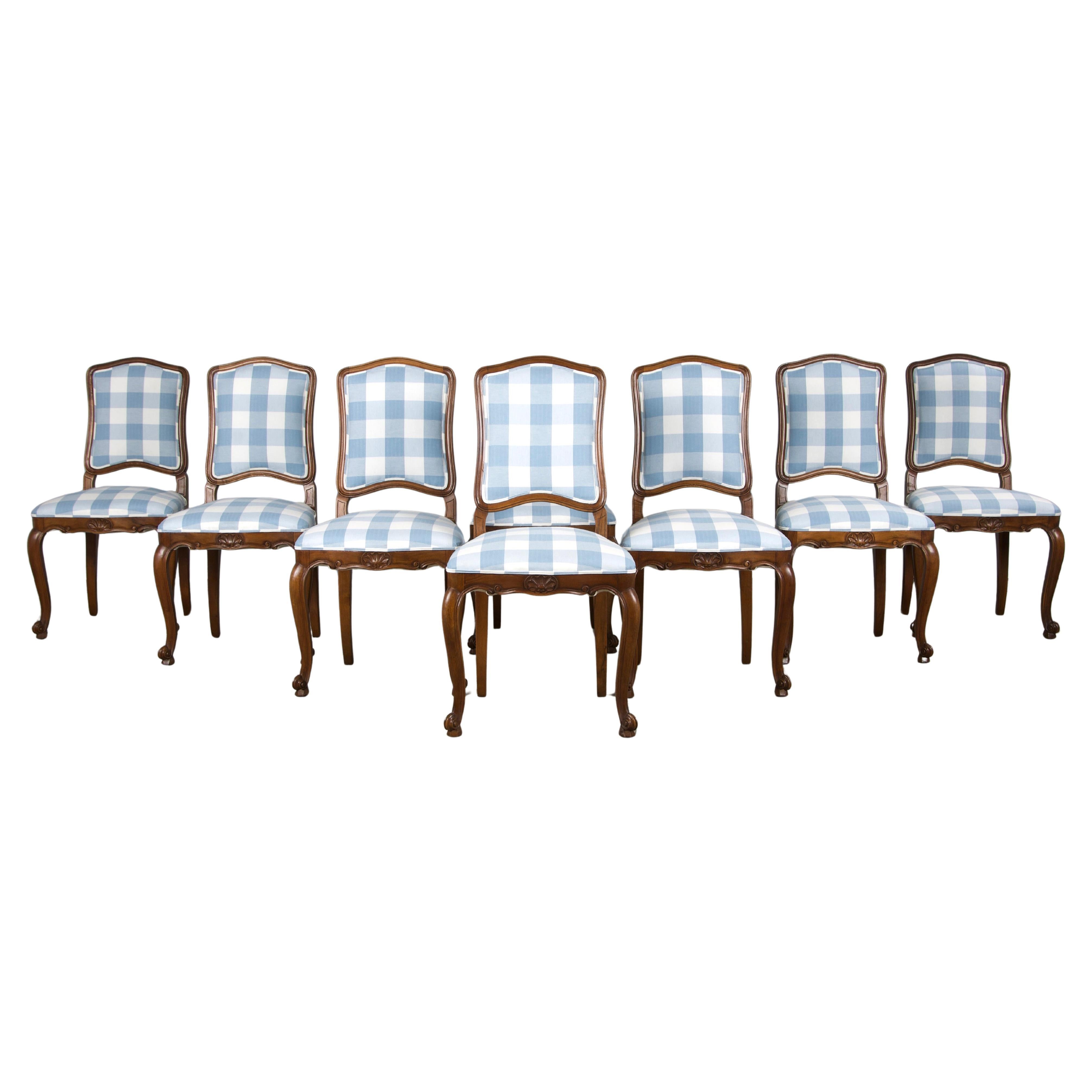 Eight 19th Century French Louis XV Walnut Dining Chairs in Light Blue Plaid For Sale