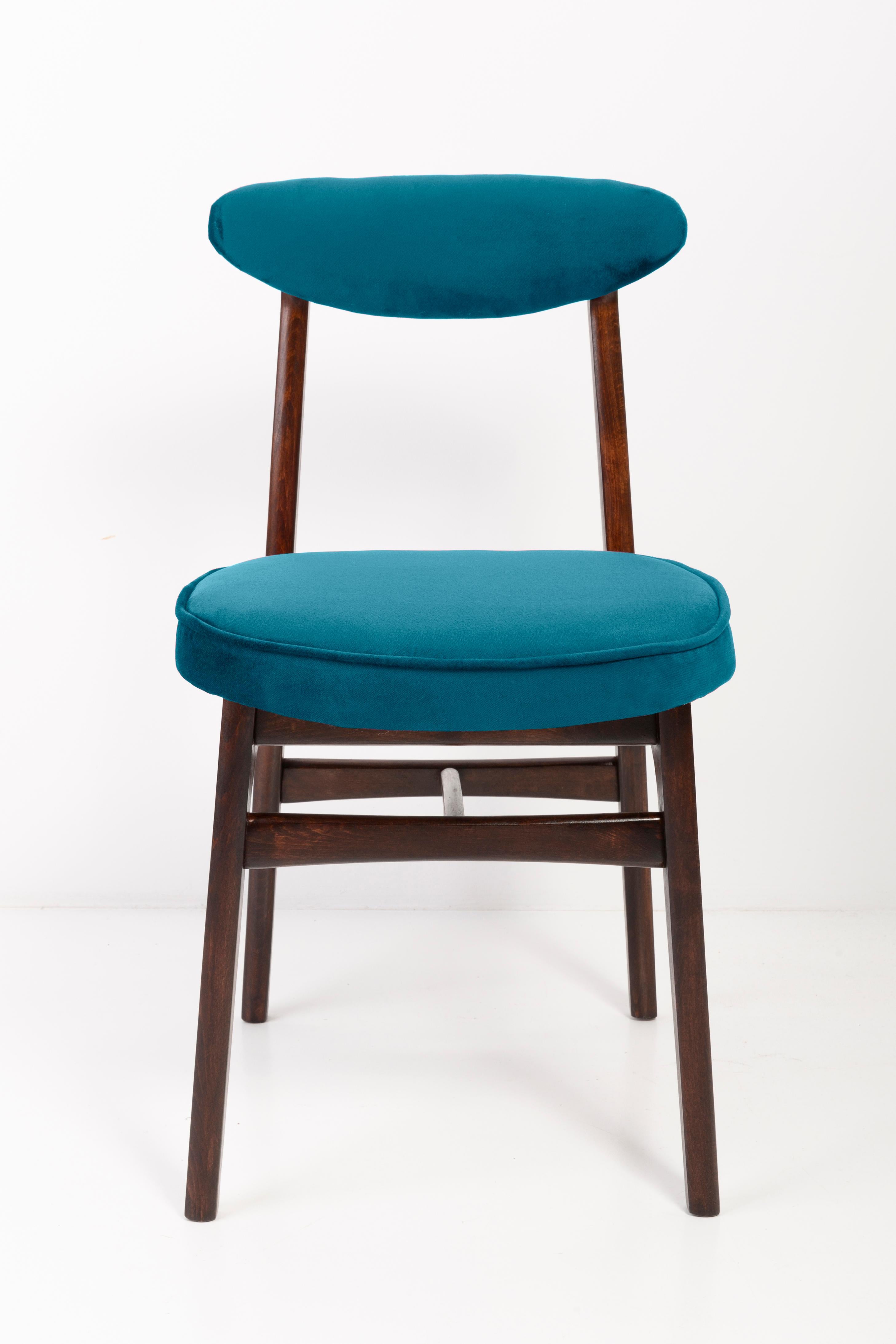 Hand-Crafted Eight 20th Century Petrol Blue Velvet Chairs by Rajmund Halas, Europe, 1960s For Sale