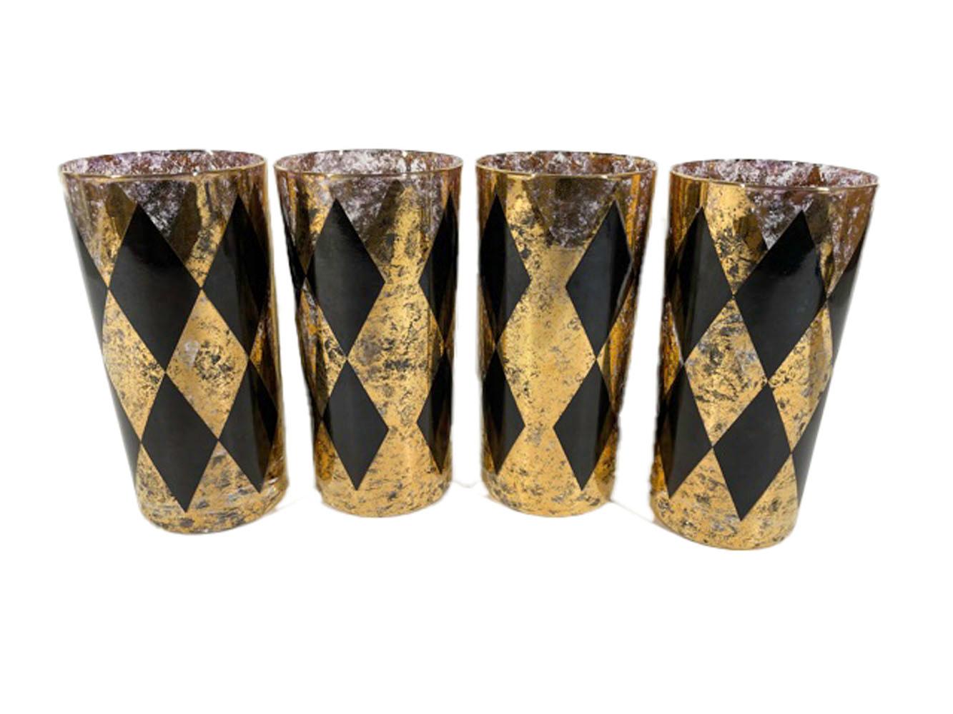 Vintage set of 8 highball glasses with a vertical diamond pattern of black enamel on a mottled gold ground.