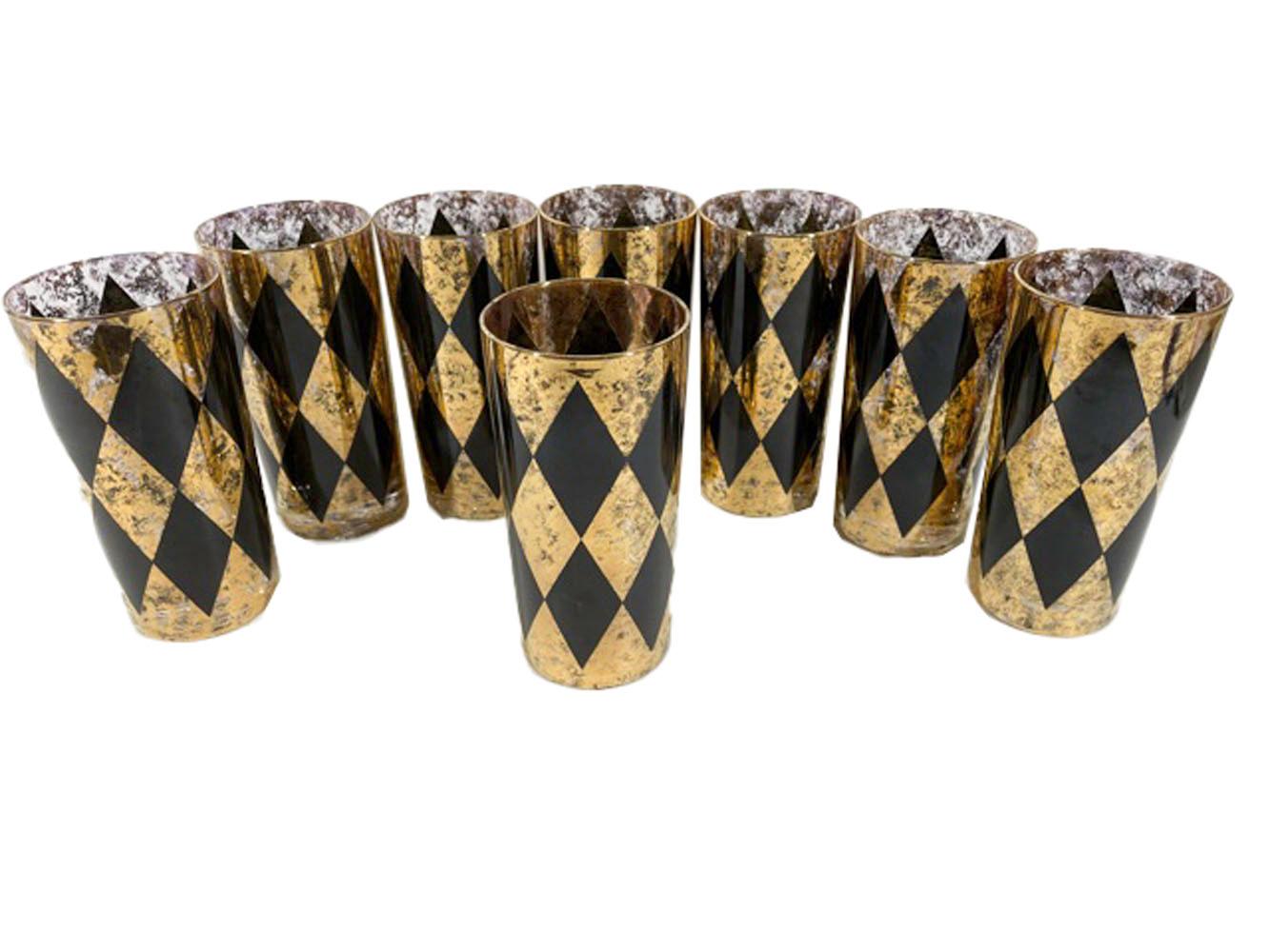 Eight 22k Gold and Black Enamel Mid-Century Modern Highball Glasses In Good Condition For Sale In Nantucket, MA