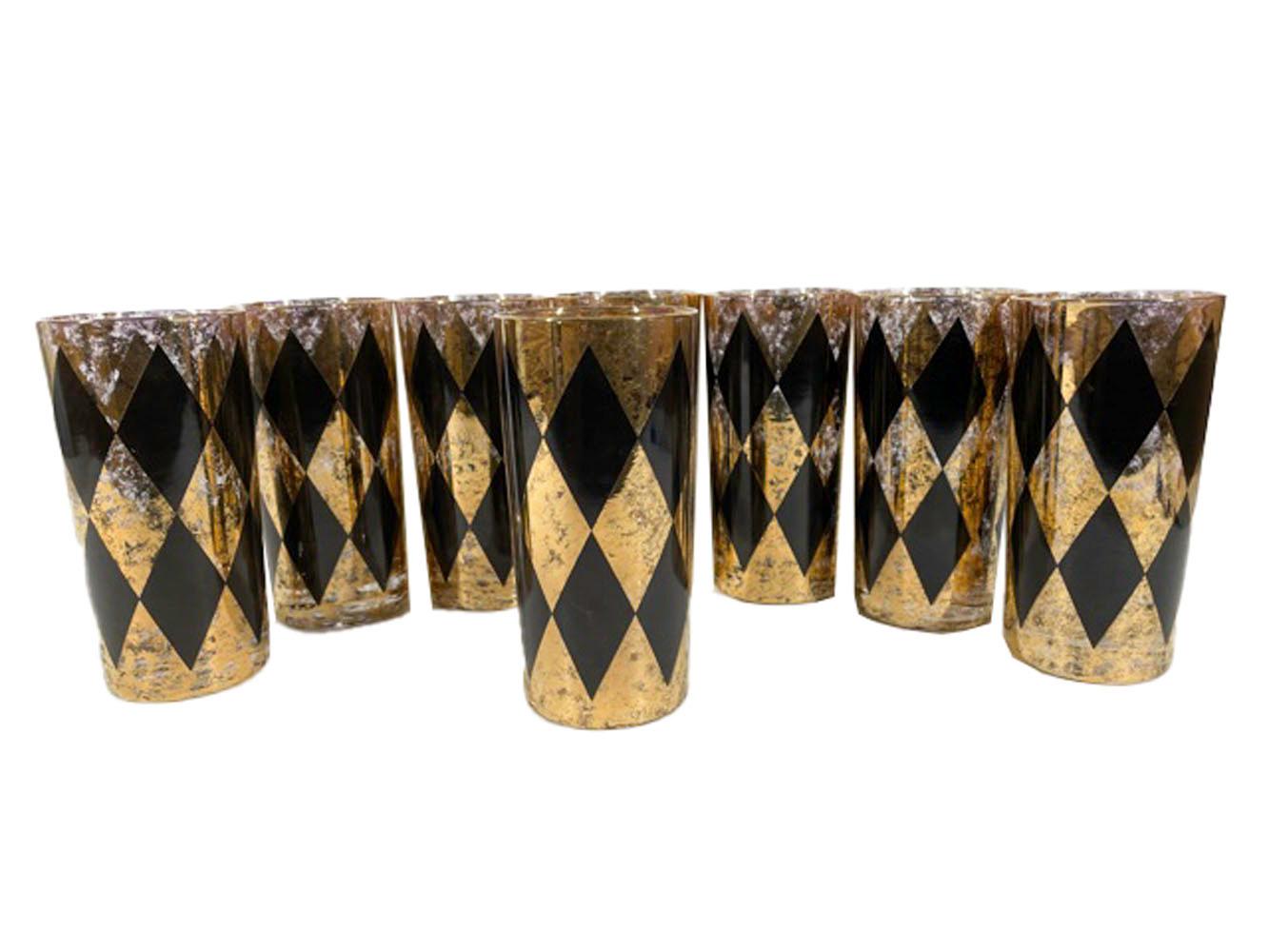 20th Century Eight 22k Gold and Black Enamel Mid-Century Modern Highball Glasses For Sale