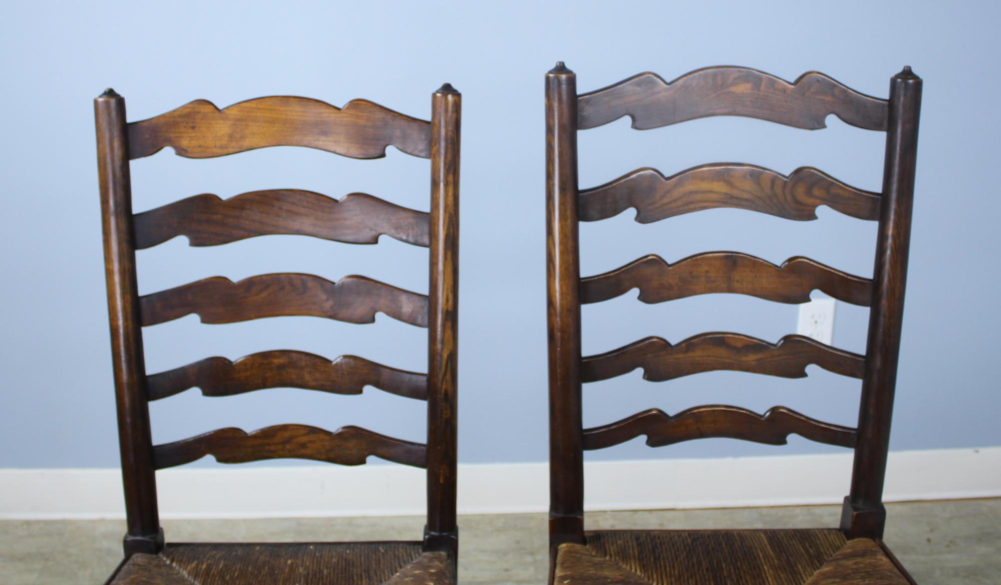 Eight '7 and 1' Antique English Oak Ladder Back Dining Chairs 5