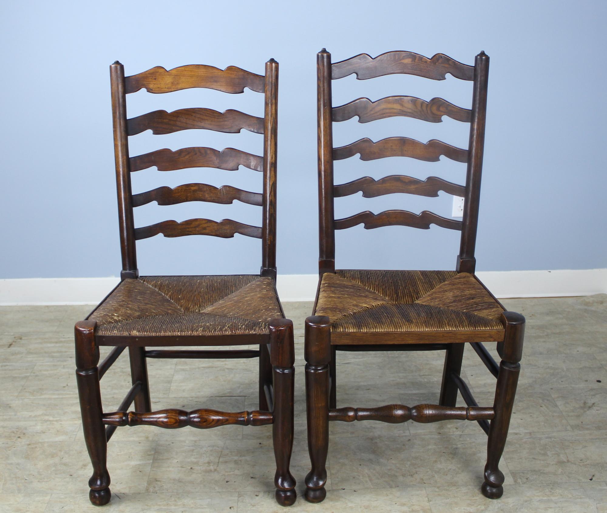 Eight '7 and 1' Antique English Oak Ladder Back Dining Chairs 4