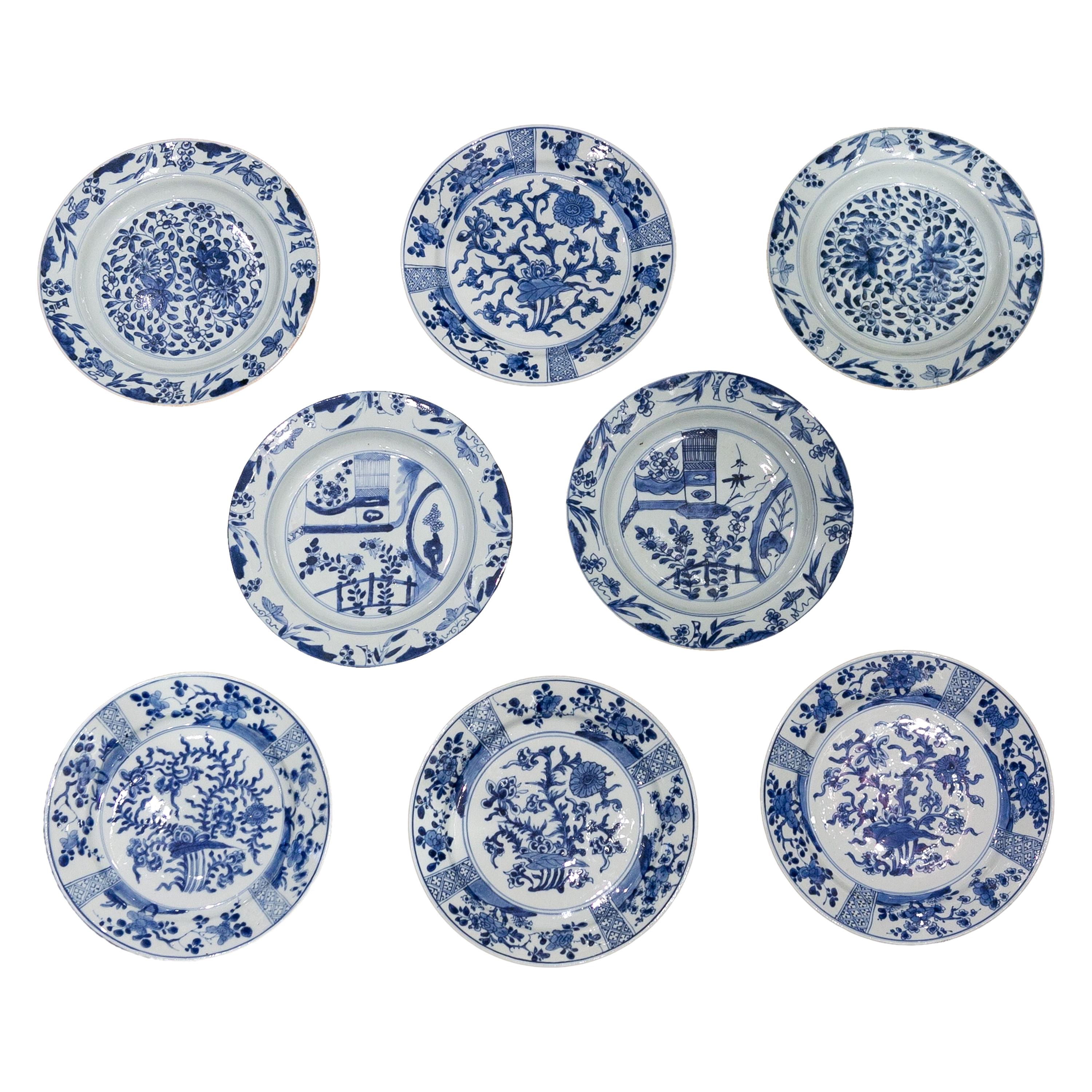 Eight Antique Blue and White Chinese Porcelain Dishes Made 18th Century