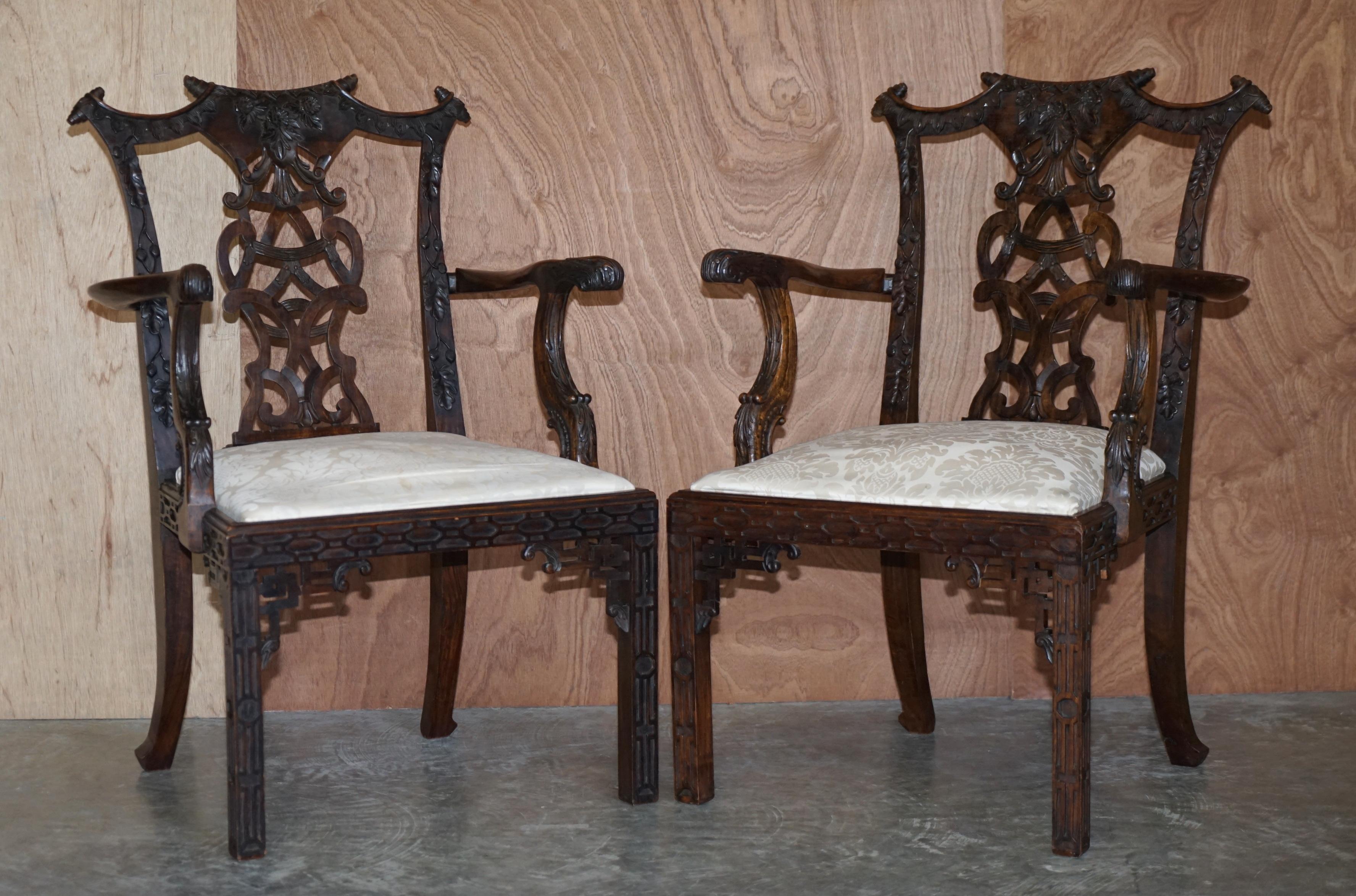 Eight Antique Chinese Thomas Chippendale Style Victorian Carved Dining Chairs 10