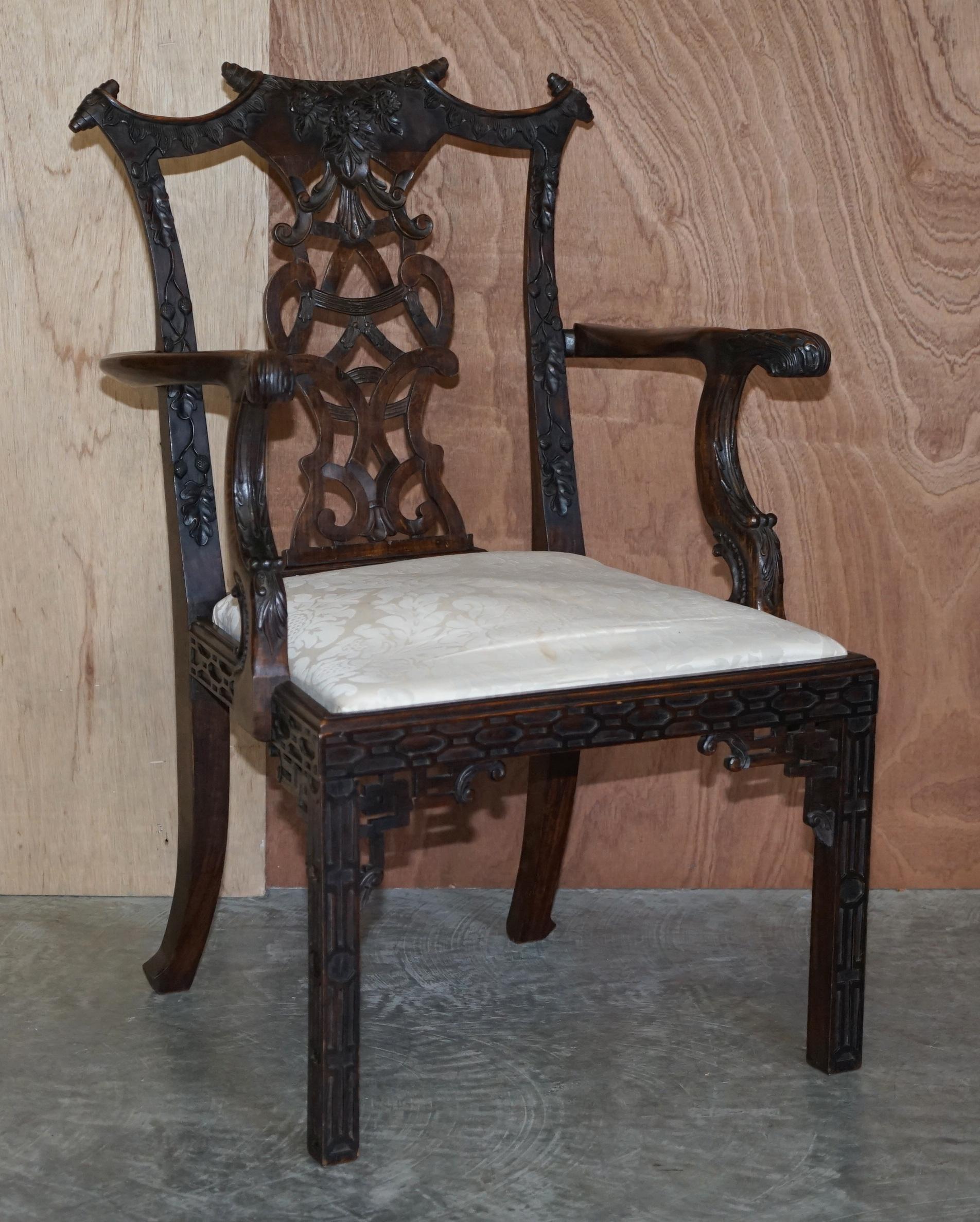 Eight Antique Chinese Thomas Chippendale Style Victorian Carved Dining Chairs 11