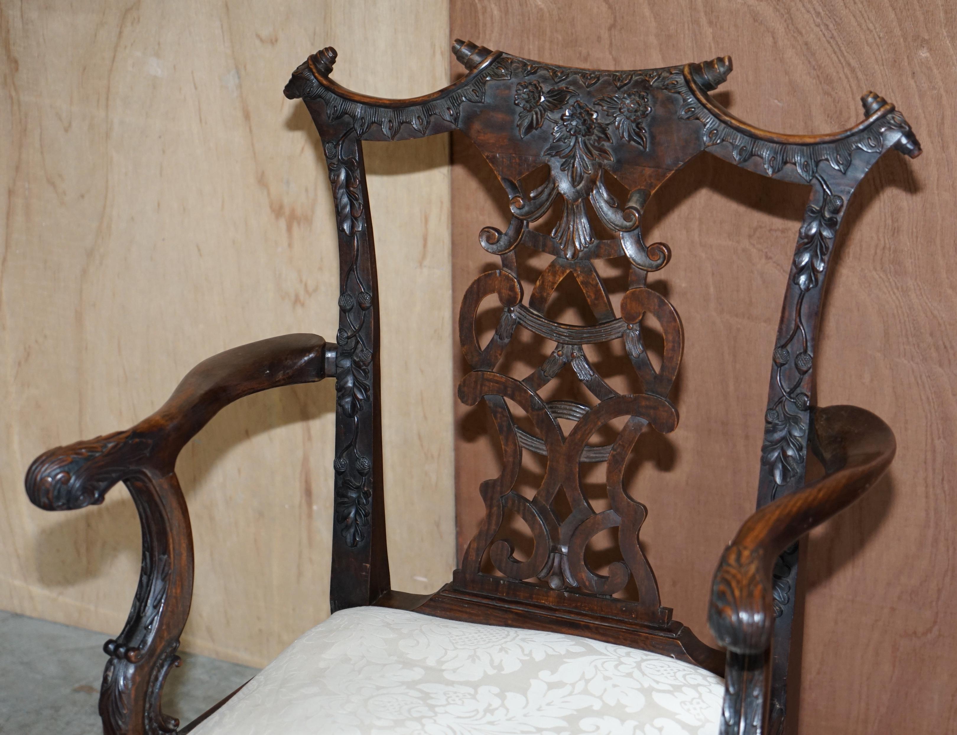 Eight Antique Chinese Thomas Chippendale Style Victorian Carved Dining Chairs 13