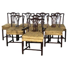 Eight Antique Chippendale Mahogany Splat Back & Upholstered Dining Chairs C1930