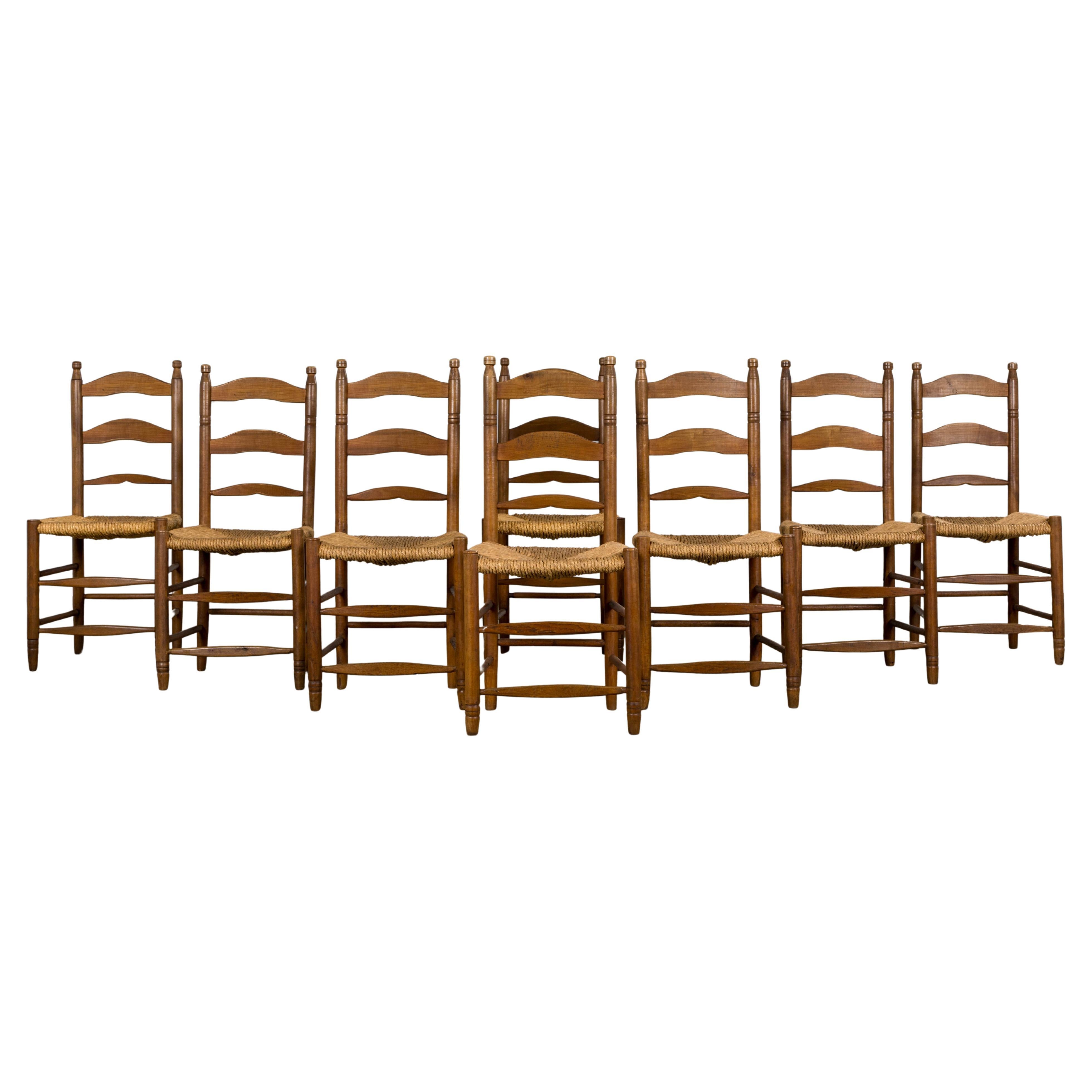 Eight Antique Country French Ladder Back Maple Farm Dining Chairs W/ Rush Seats