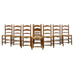Eight Antique Country French Ladder Back Maple Farm Dining Chairs W/ Rush Seats