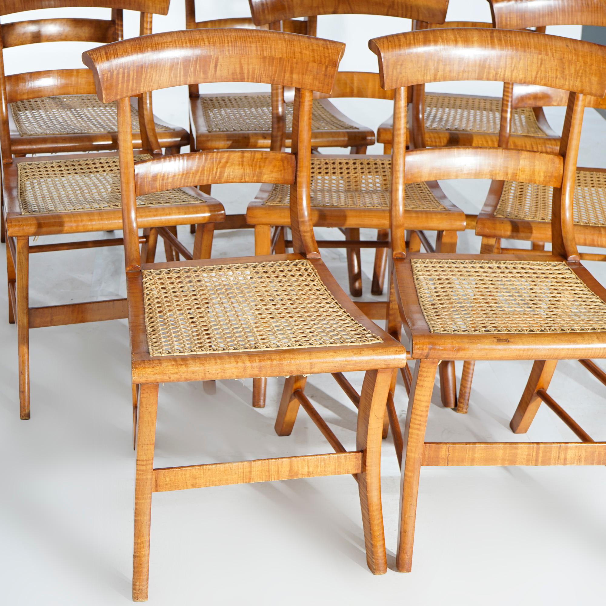American Eight Antique Federal Tiger Maple Slat Back & Cane Seat Dining Chairs circa 1830