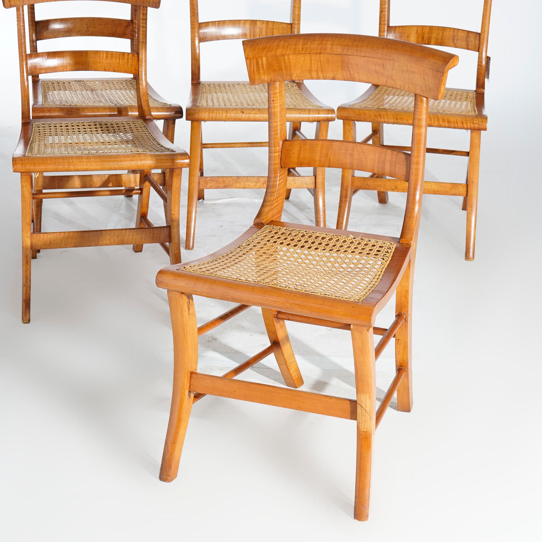 Eight Antique Federal Tiger Maple Slat Back & Cane Seat Dining Chairs circa 1830 In Good Condition In Big Flats, NY
