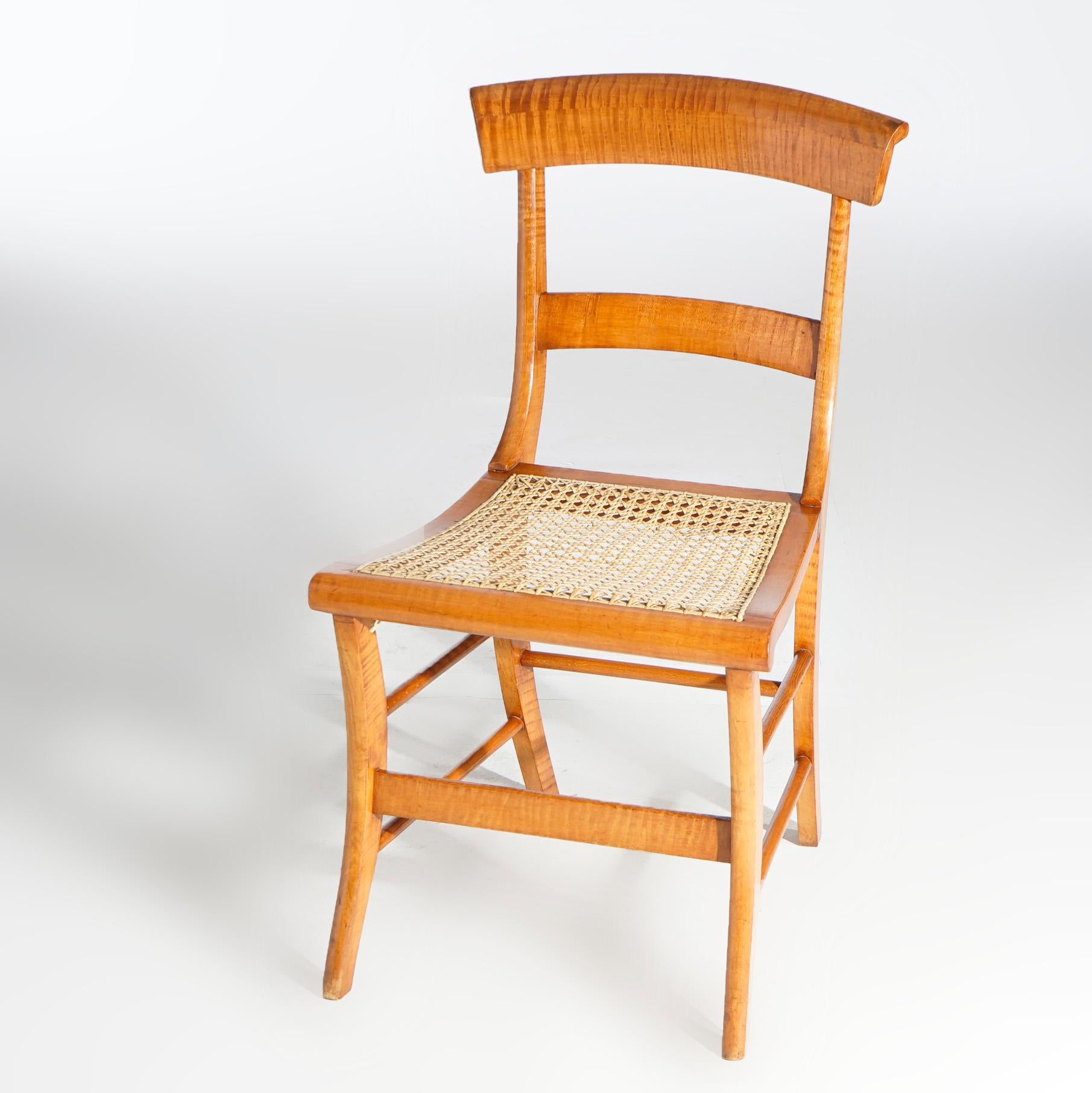 19th Century Eight Antique Federal Tiger Maple Slat Back & Cane Seat Dining Chairs circa 1830