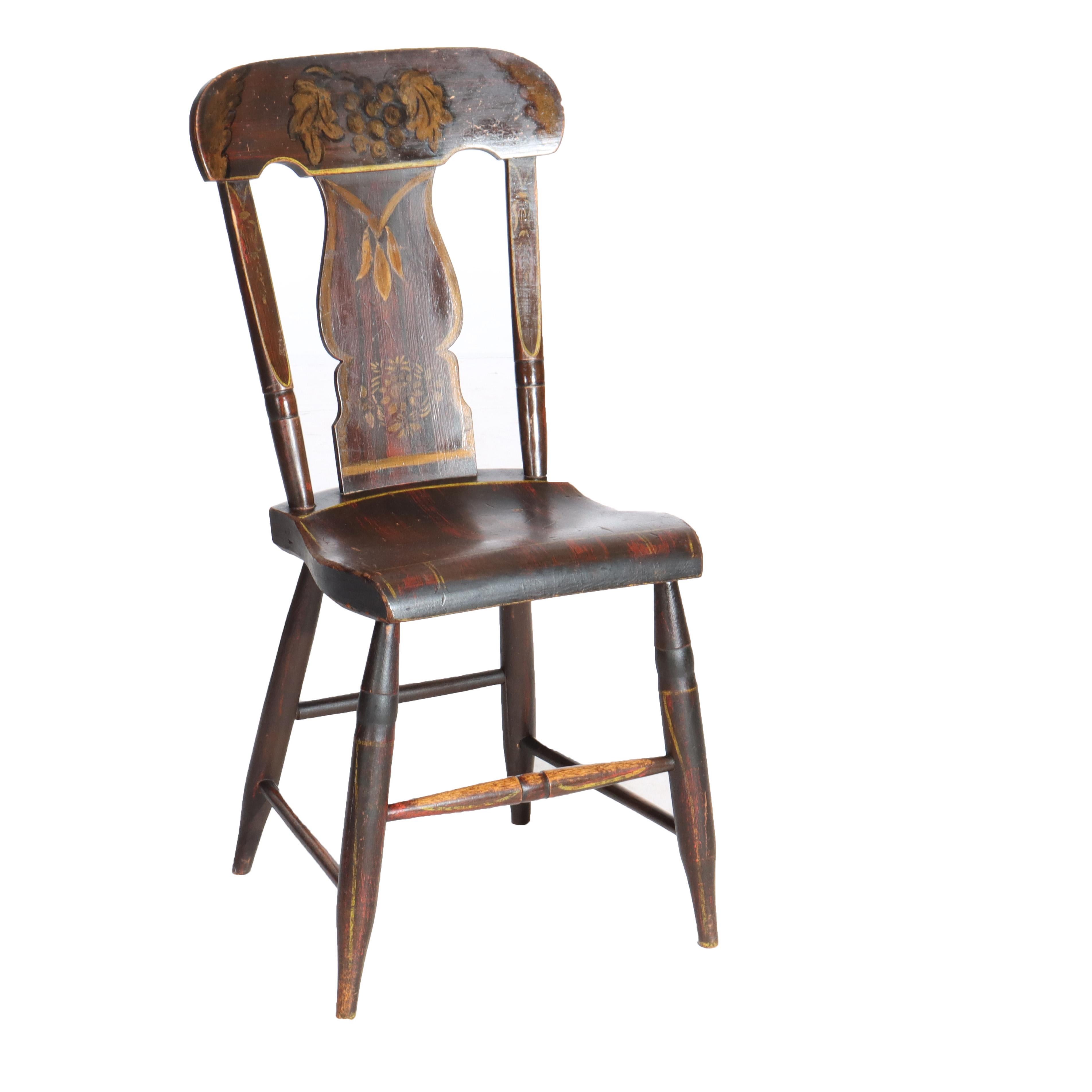 Eight Antique Floral &  Fruit Stenciled Splat Back Dining Chairs C1840 en venta 5
