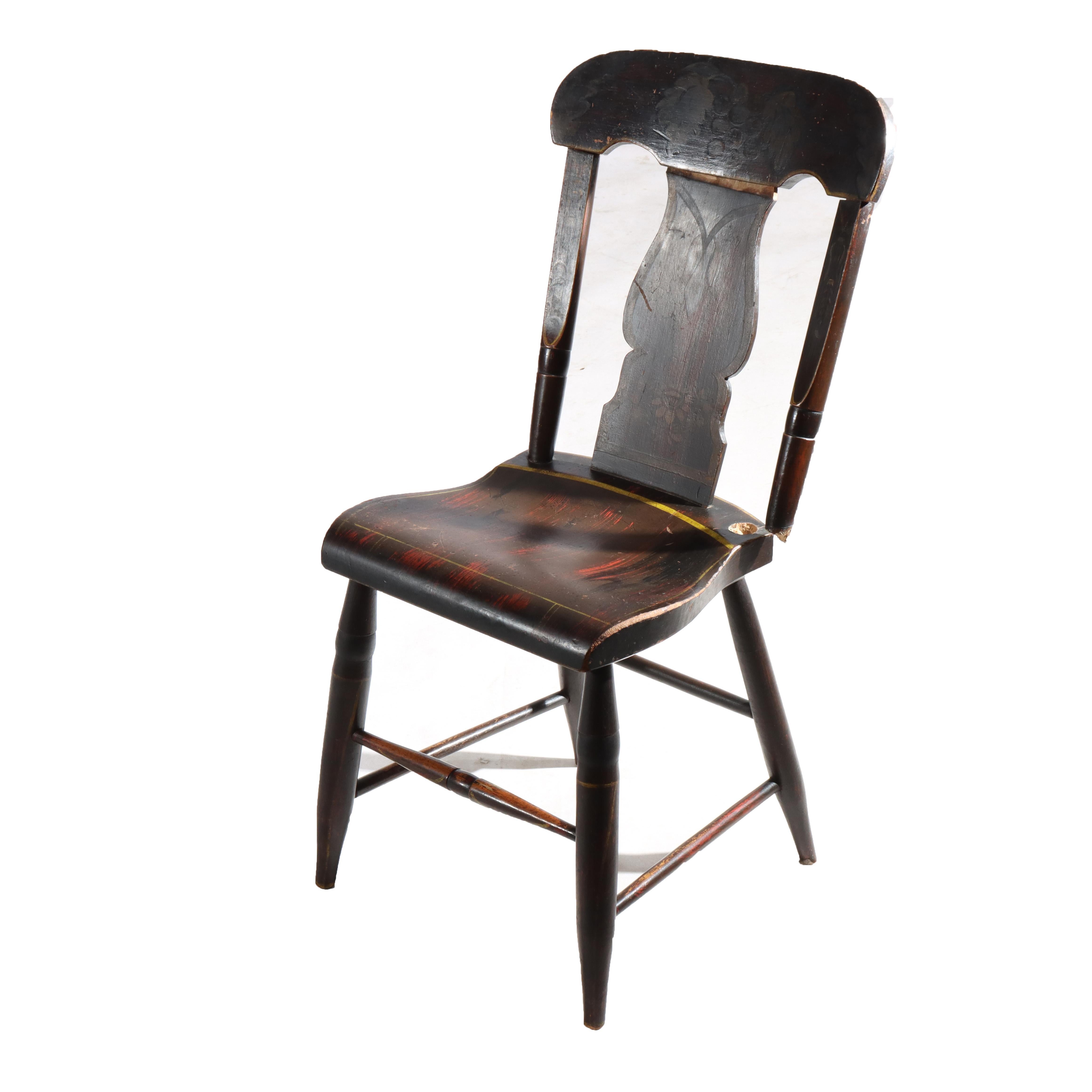 ***Reduced In-House Delivery Rates - Click on “Ask Seller” to Request a Quote***
Eight Antique Stenciled Splat Back Dining Chairs C1840.
Measures - 34 3/4
