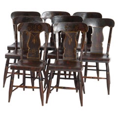 Eight Antique Floral &  Fruit Stenciled Splat Back Dining Chairs C1840