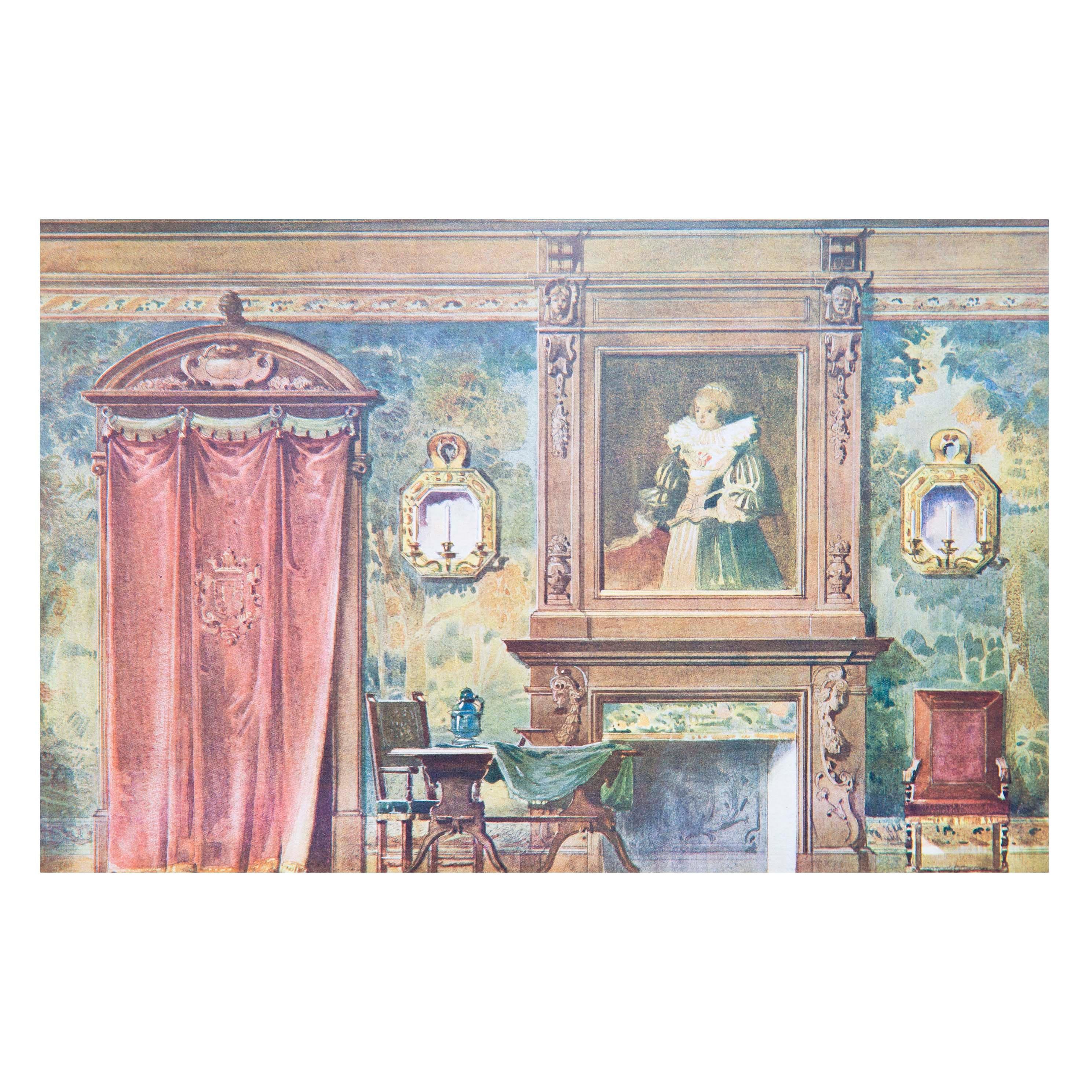 A decorative set of eight antique lithographic prints of watercolours, depicting interiors in various historic styles, in the manner of Alexandre Serebriakoff,
French, circa 1900–1910.

Why we like them
These exquisite and beautifully detailed,