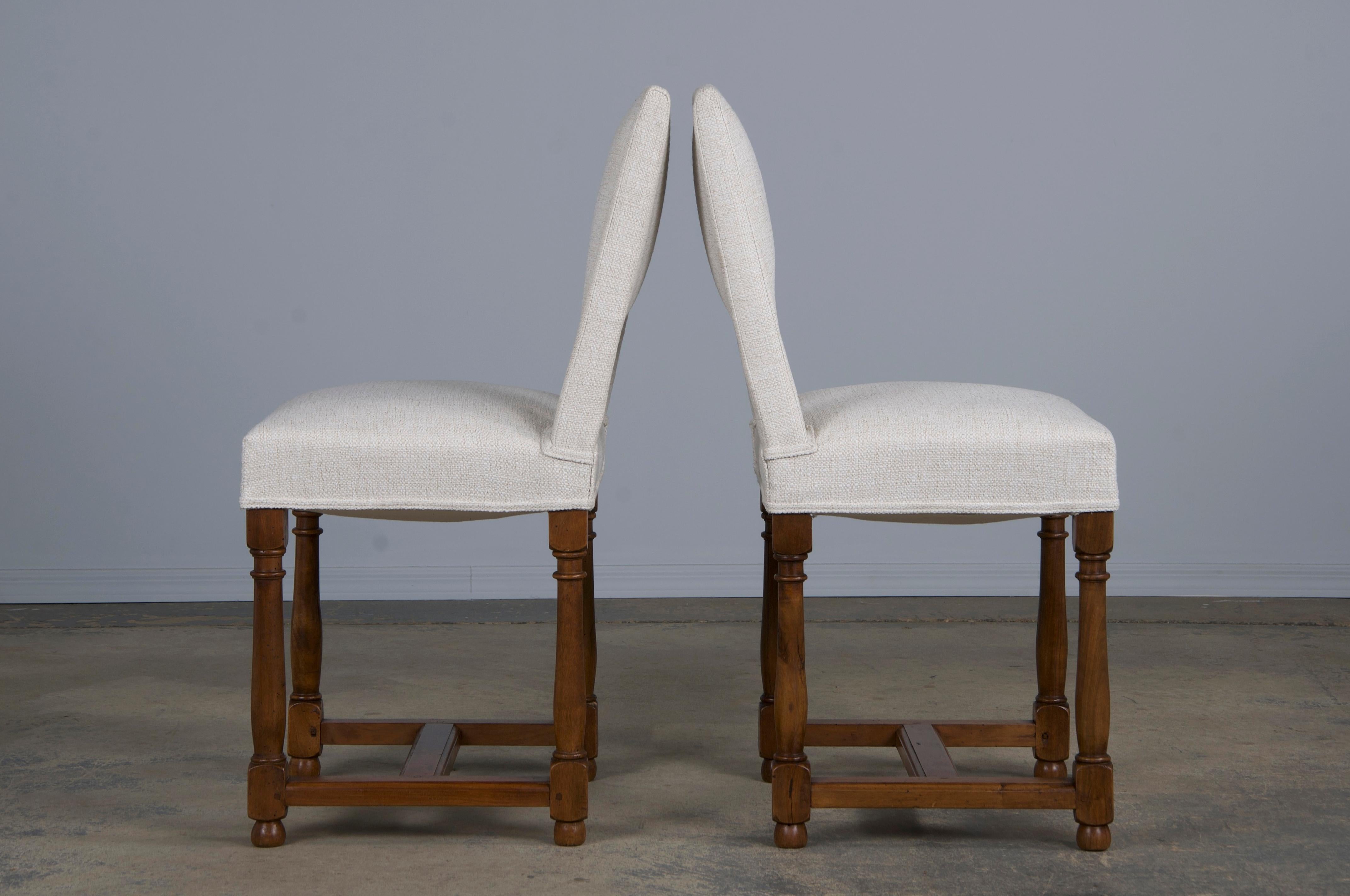 Eight Antique French Louis XIII Style Walnut Dining Chairs W/ Off-White Fabric 6