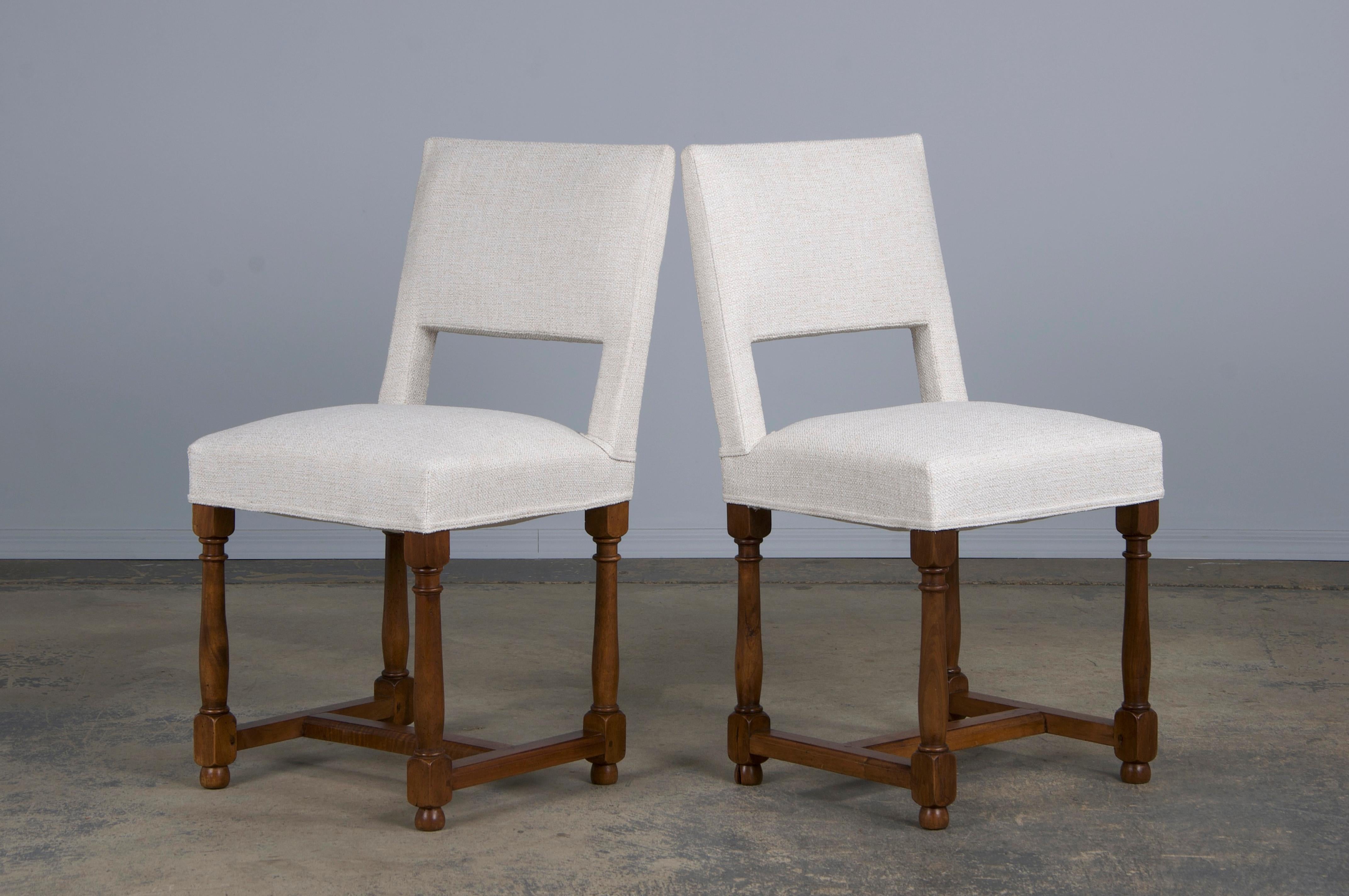 Eight Antique French Louis XIII Style Walnut Dining Chairs W/ Off-White Fabric 7