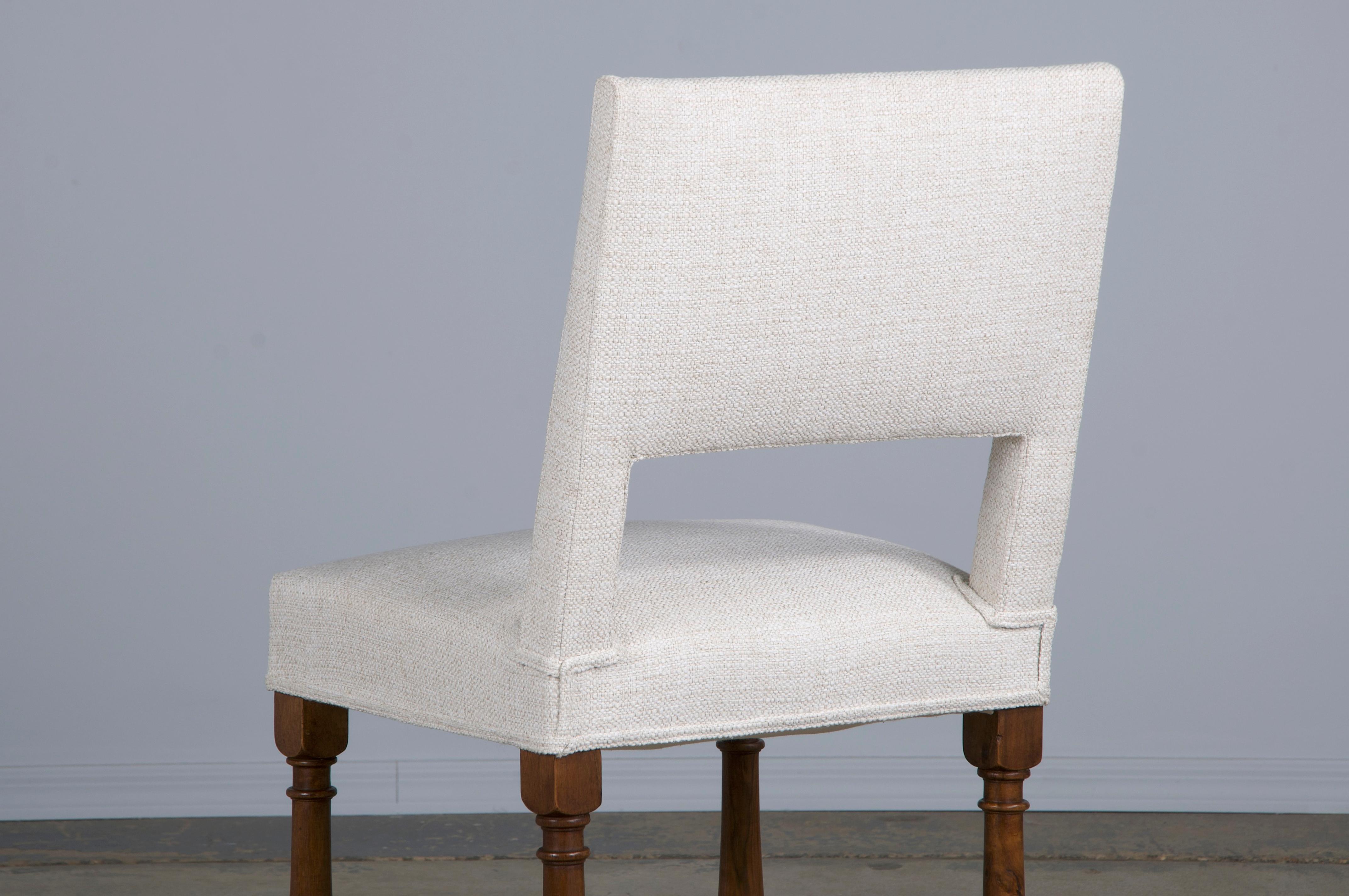 Eight Antique French Louis XIII Style Walnut Dining Chairs W/ Off-White Fabric 12