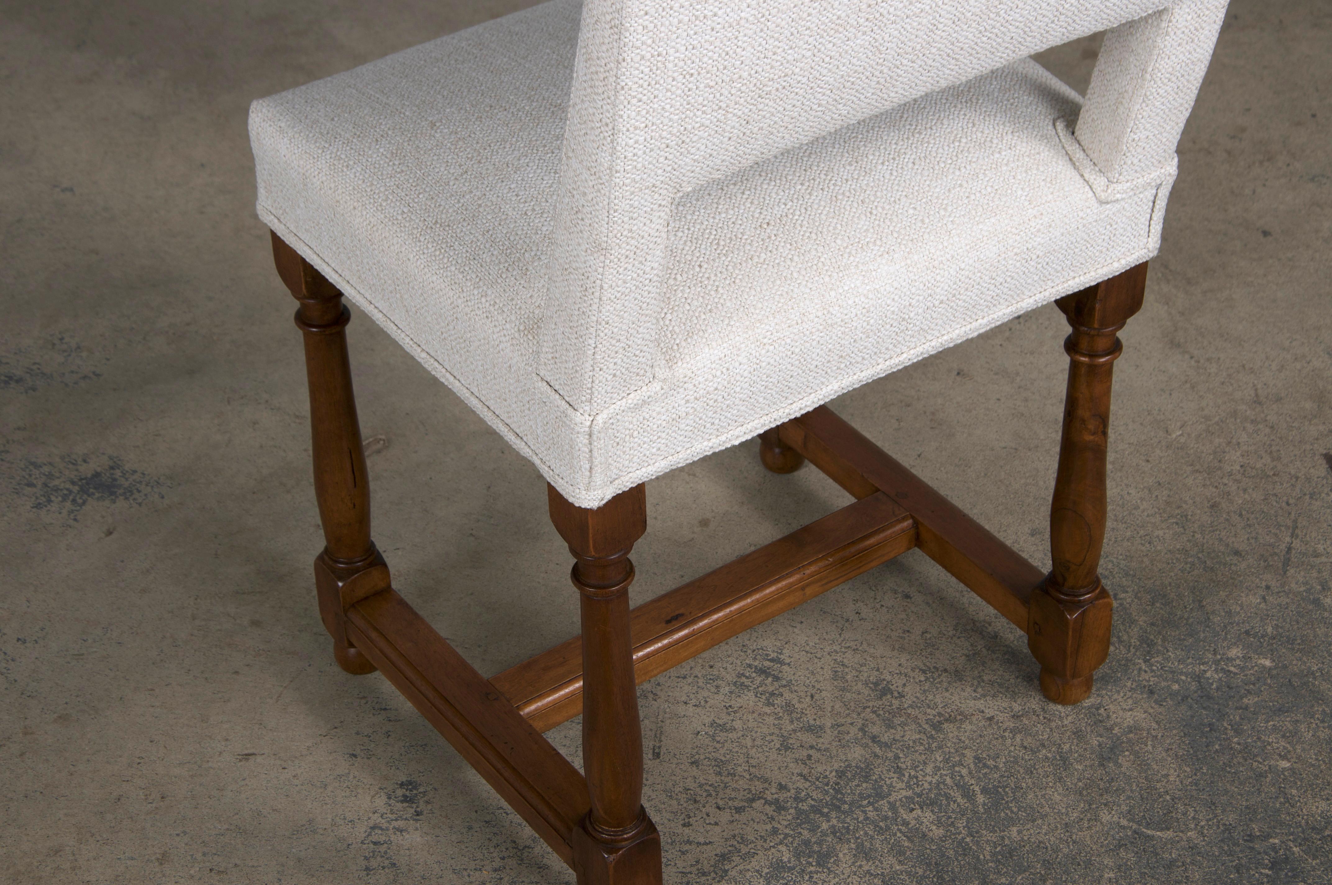 Eight Antique French Louis XIII Style Walnut Dining Chairs W/ Off-White Fabric 13