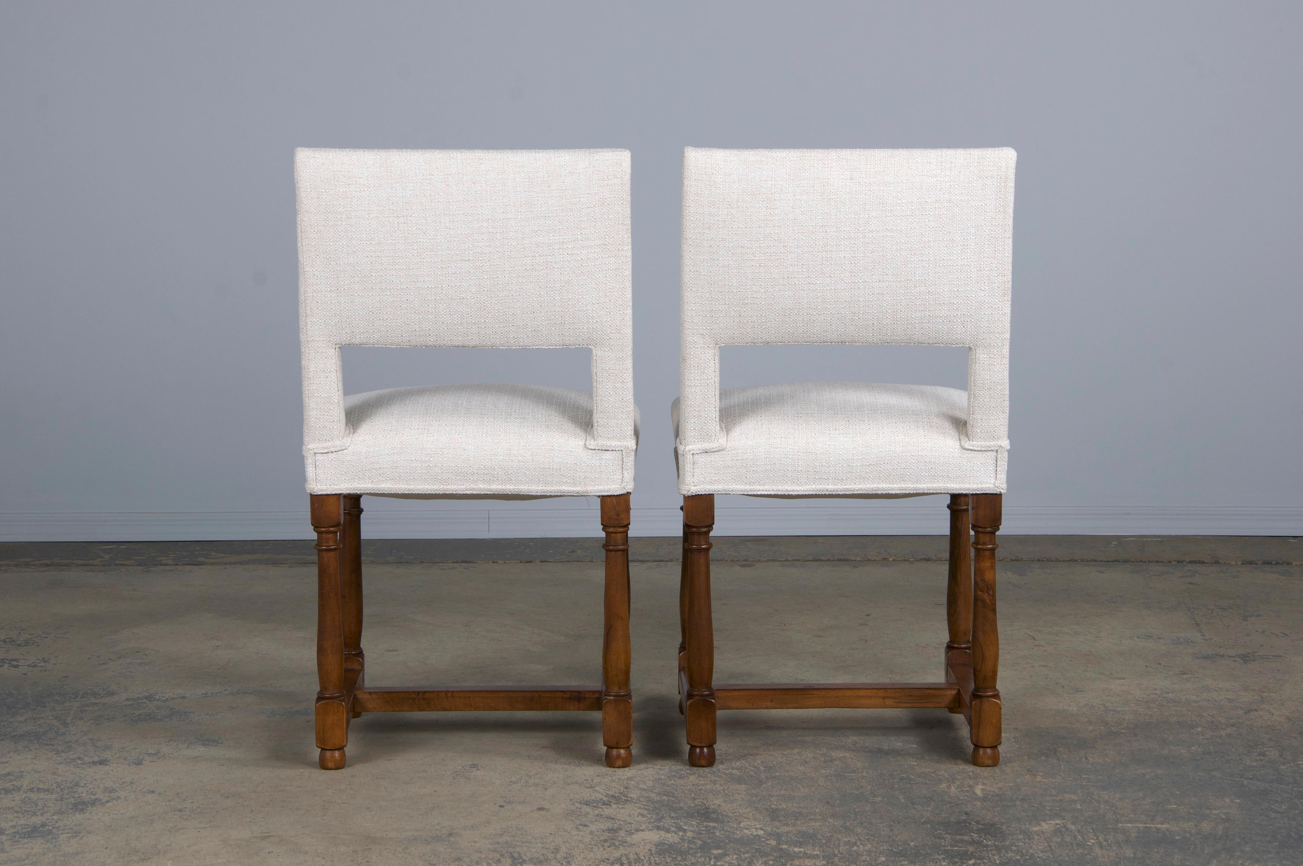 Eight Antique French Louis XIII Style Walnut Dining Chairs W/ Off-White Fabric 14