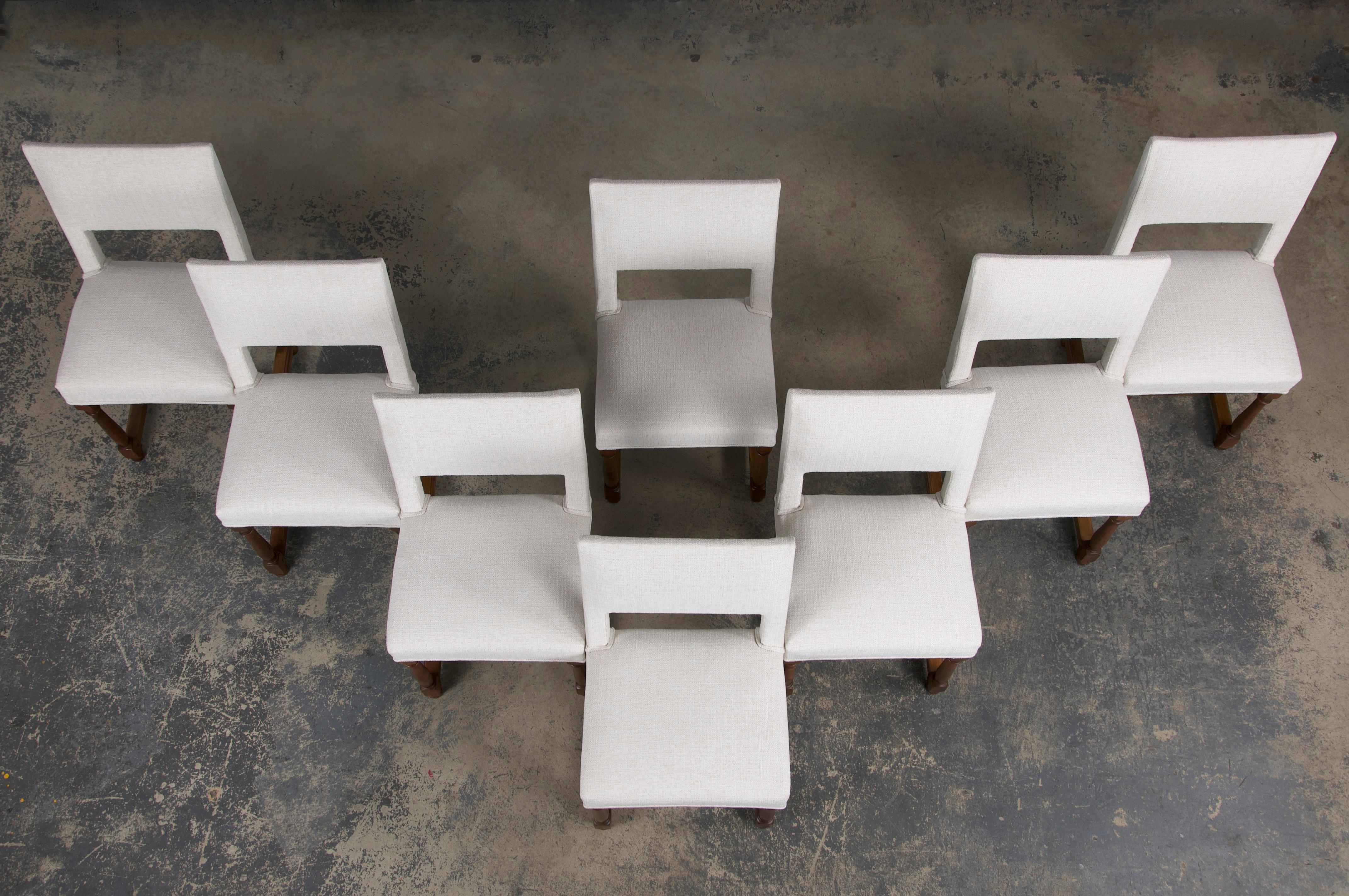 Hand-Carved Eight Antique French Louis XIII Style Walnut Dining Chairs W/ Off-White Fabric