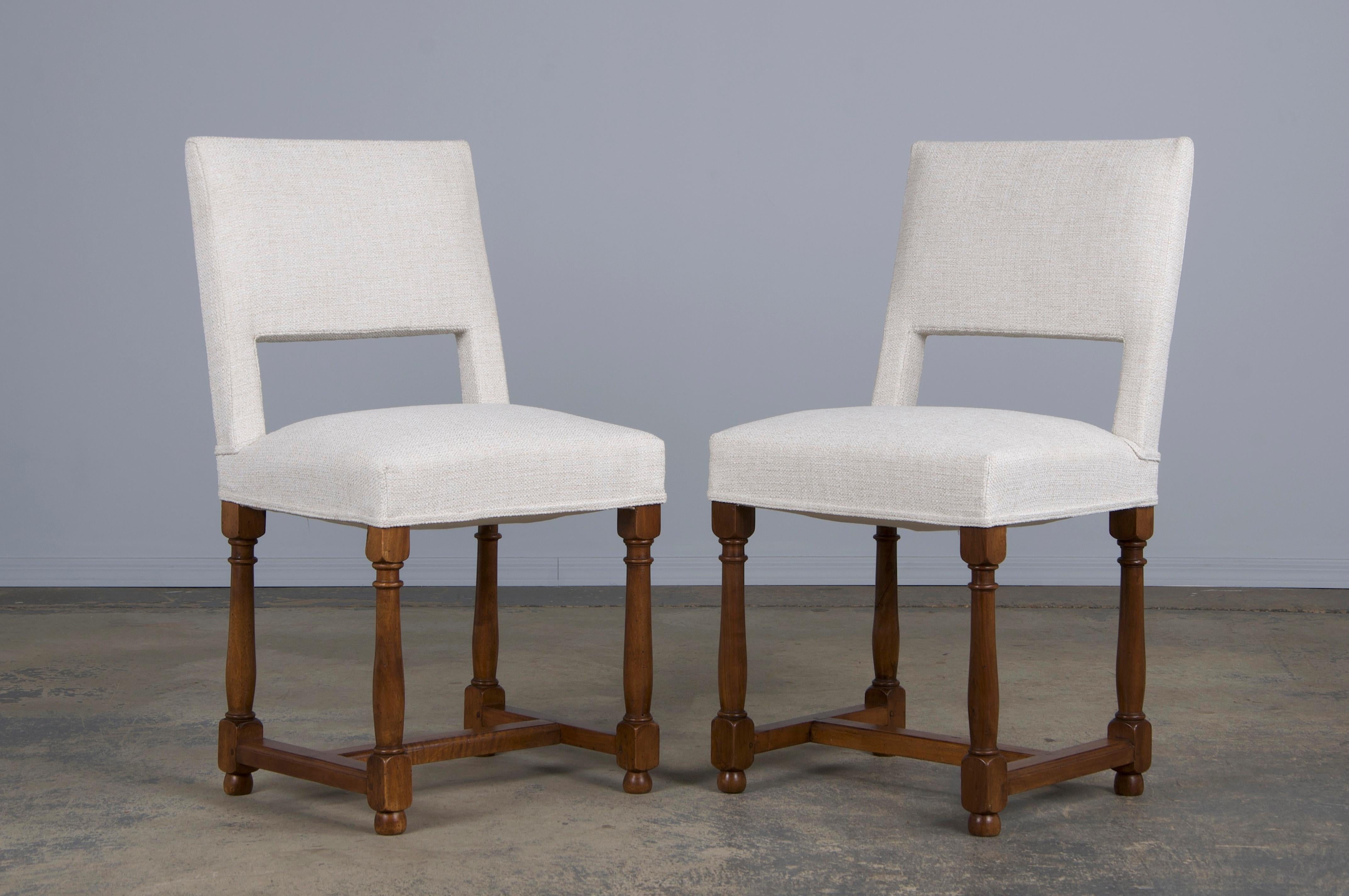 19th Century Eight Antique French Louis XIII Style Walnut Dining Chairs W/ Off-White Fabric