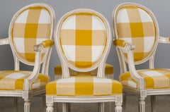 Eight Antique French Louis XVI Style Painted Dining Chairs W/ Goldenrod Plaid