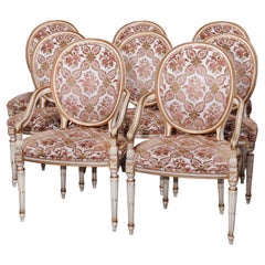 Eight Antique French Louis XVI Style Polychrome & Gilt Dining Chairs 20th C