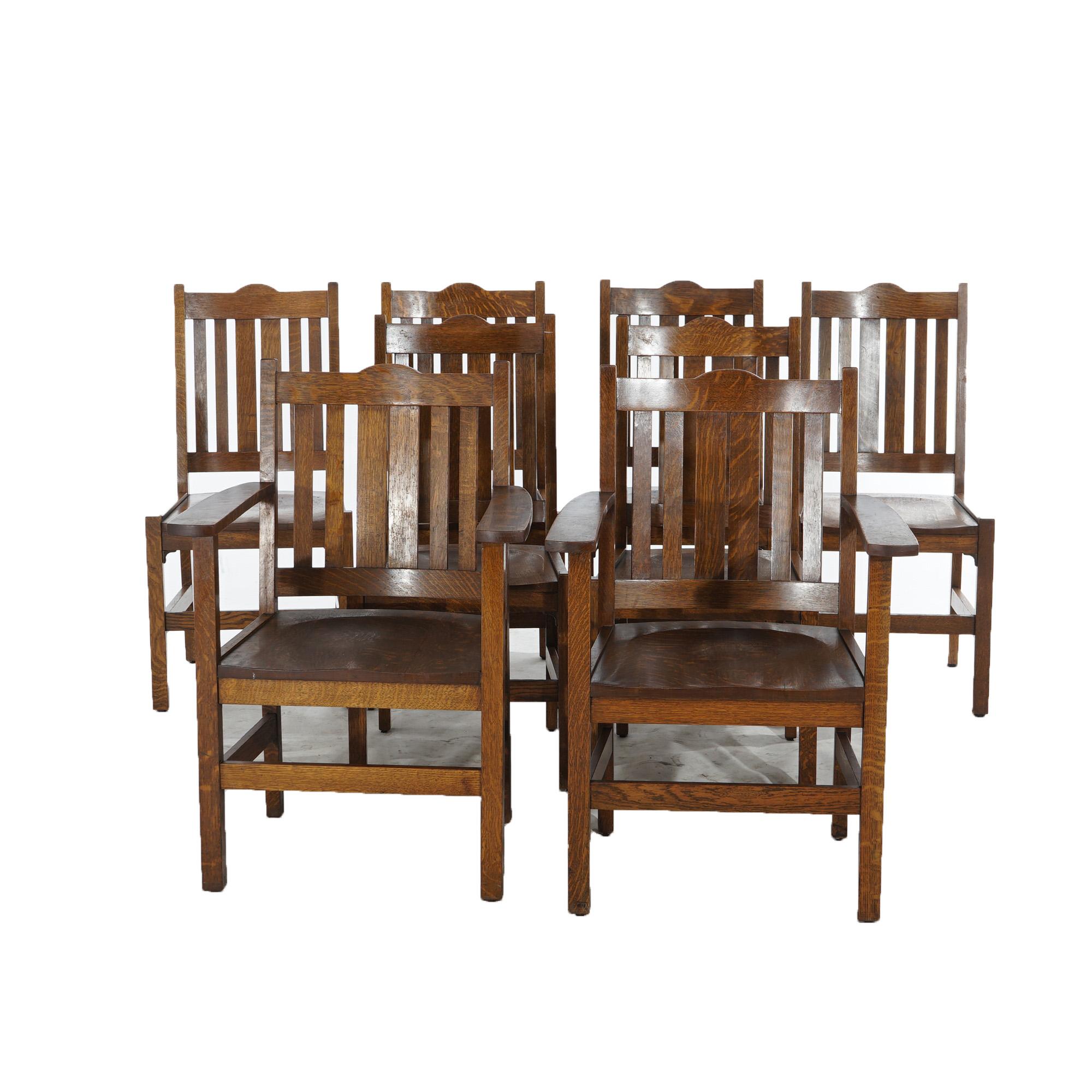***Inquire About Reduced In-House Delivery Rates - Reliable Professional Service & Fully Insured***

Eight Antique Gunlocke Arts & Crafts Mission Oak Slat Back Dining Chairs with Shaped Rails c1910

Measures- Two Armchairs 37.5''H x 25.75''W x