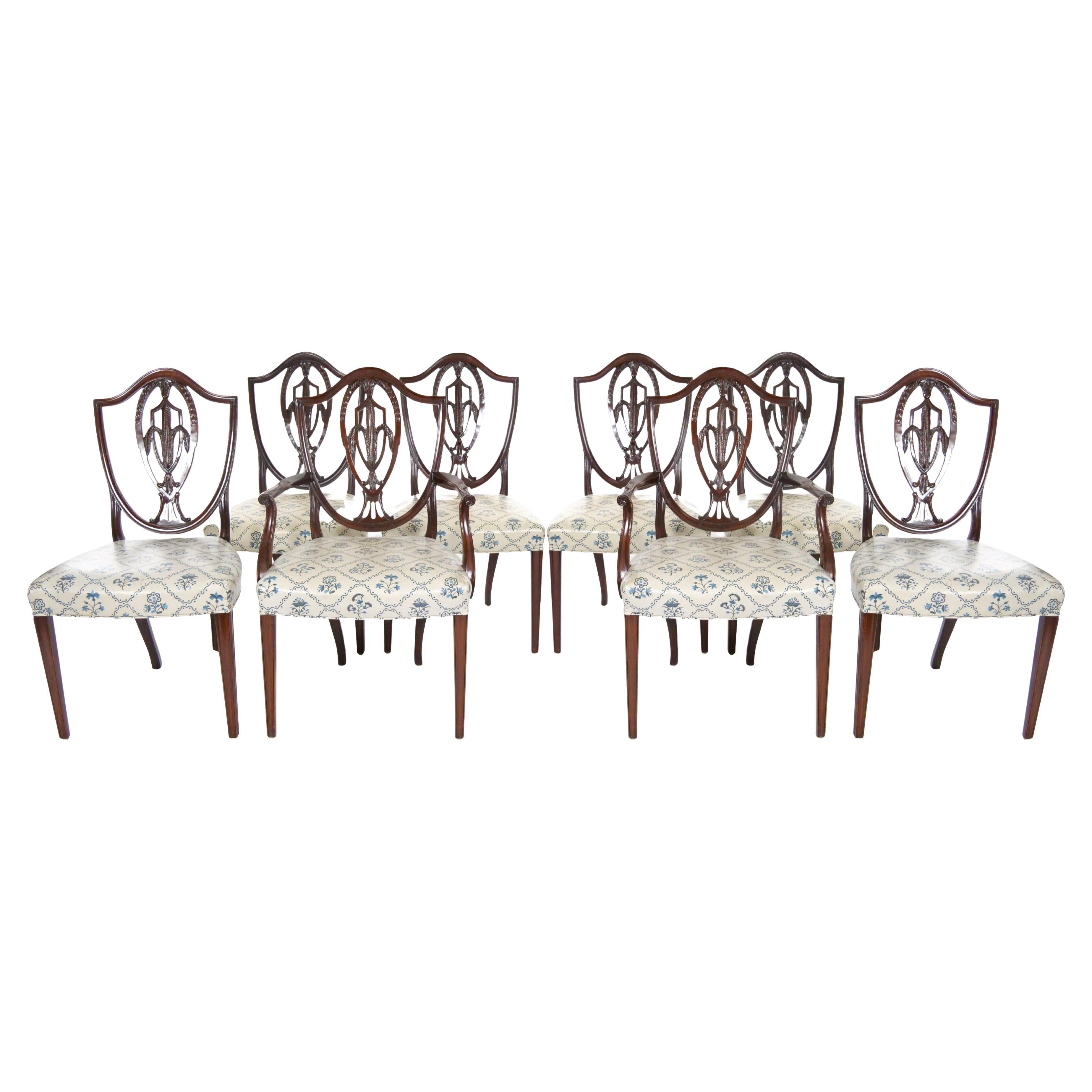 Huit chaises de salle à manger anciennes Hepplewhite en acajou sculpté Prince de Galles 