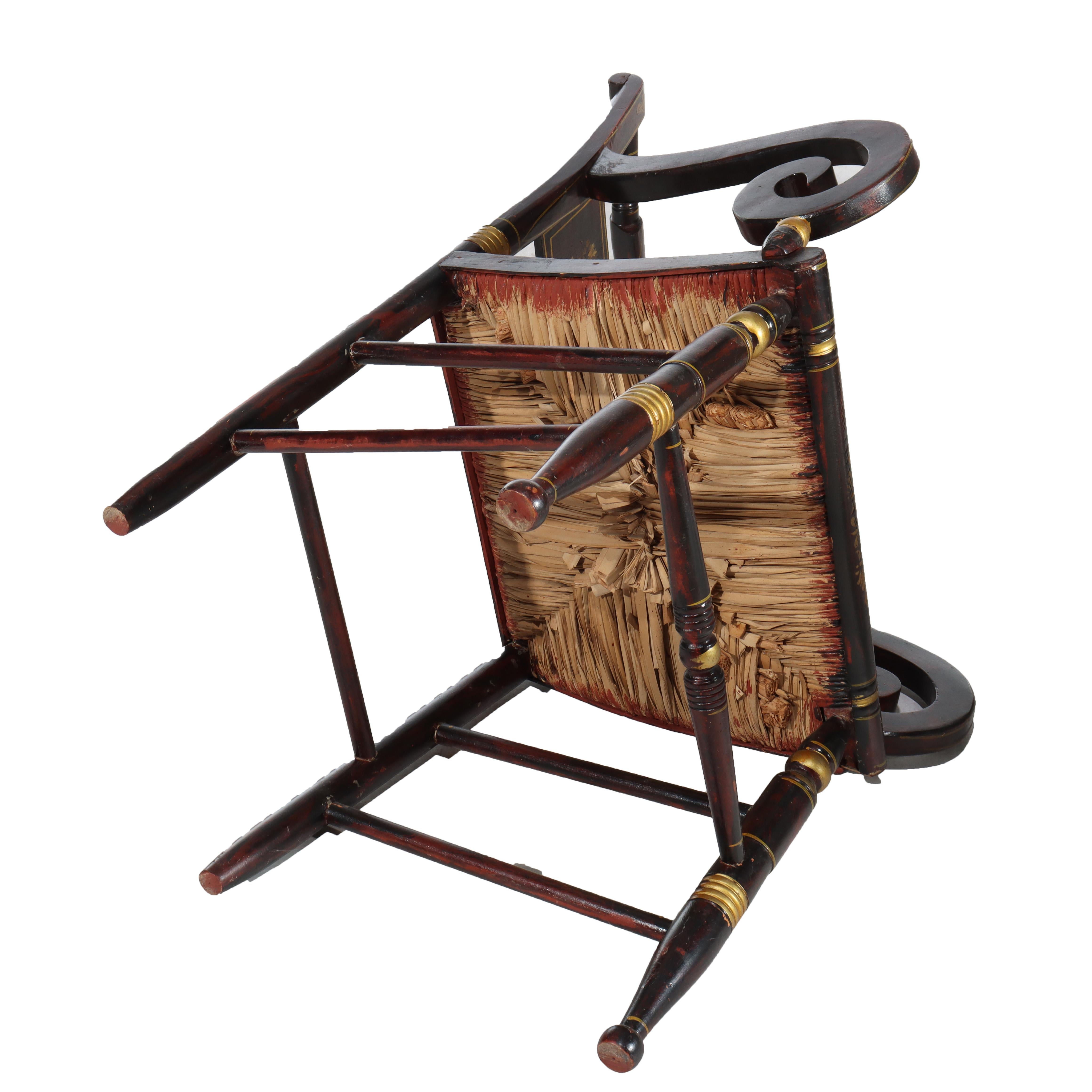 Huit chaises de salle à manger anciennes à dossier arqué, ébonisées, dorées et décorées au pochoir Hitchcock 19e siècle en vente 13