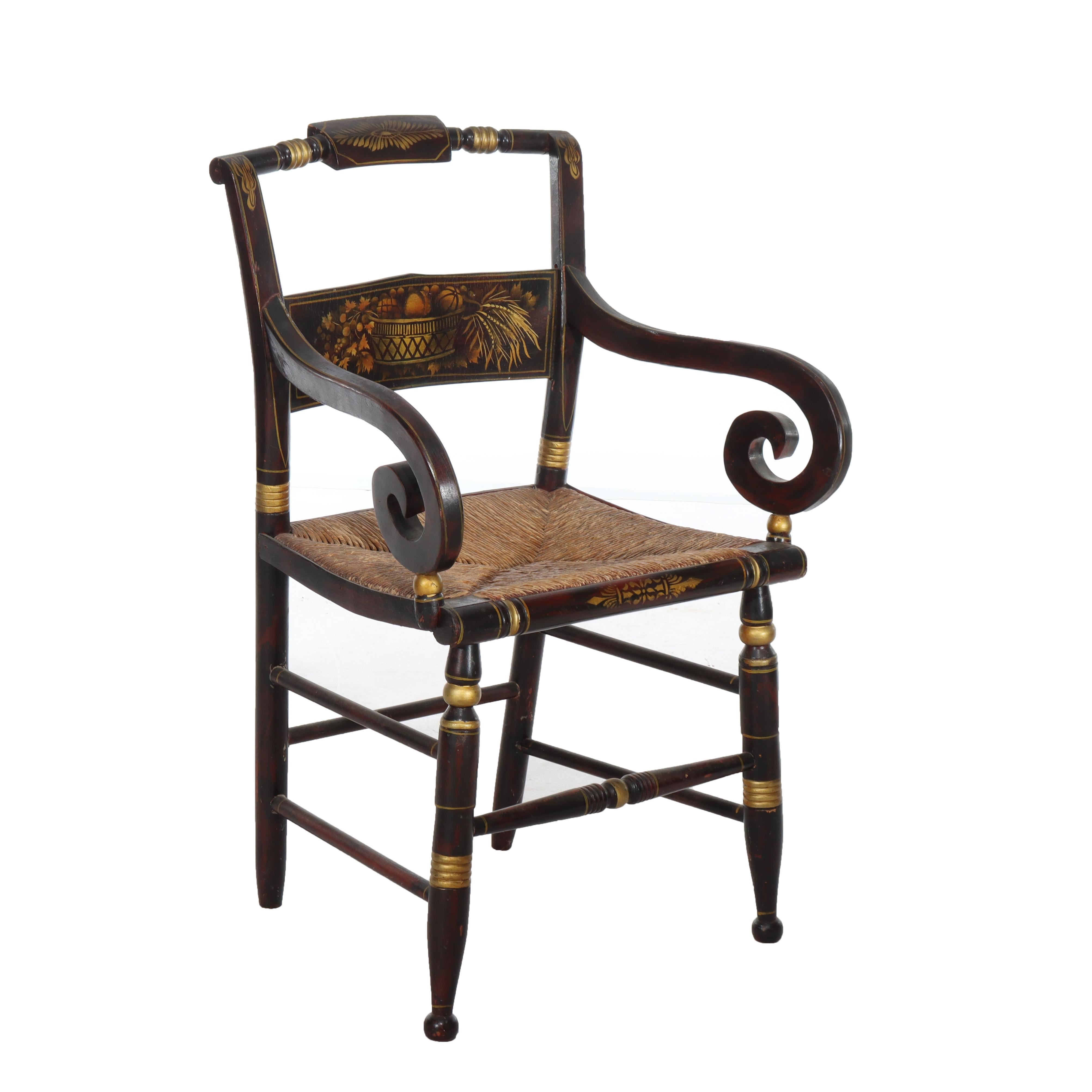 Huit chaises de salle à manger anciennes Hitchcock ébonisées, dorées et décorées au pochoir avec dossier en arc et siège en jonc 19e siècle

Mesures - 34 1/4