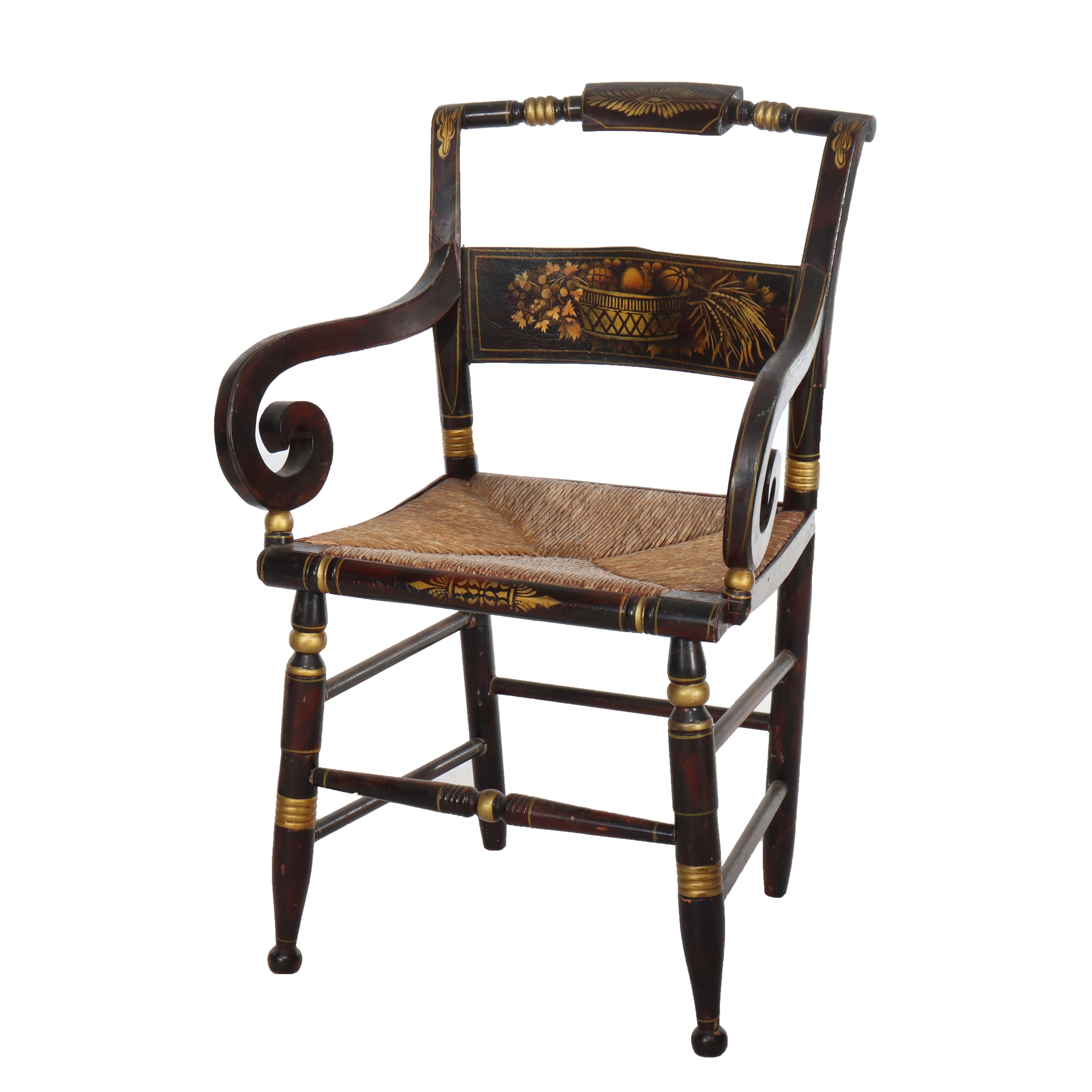 Huit chaises de salle à manger anciennes à dossier arqué, ébonisées, dorées et décorées au pochoir Hitchcock 19e siècle Bon état - En vente à Big Flats, NY