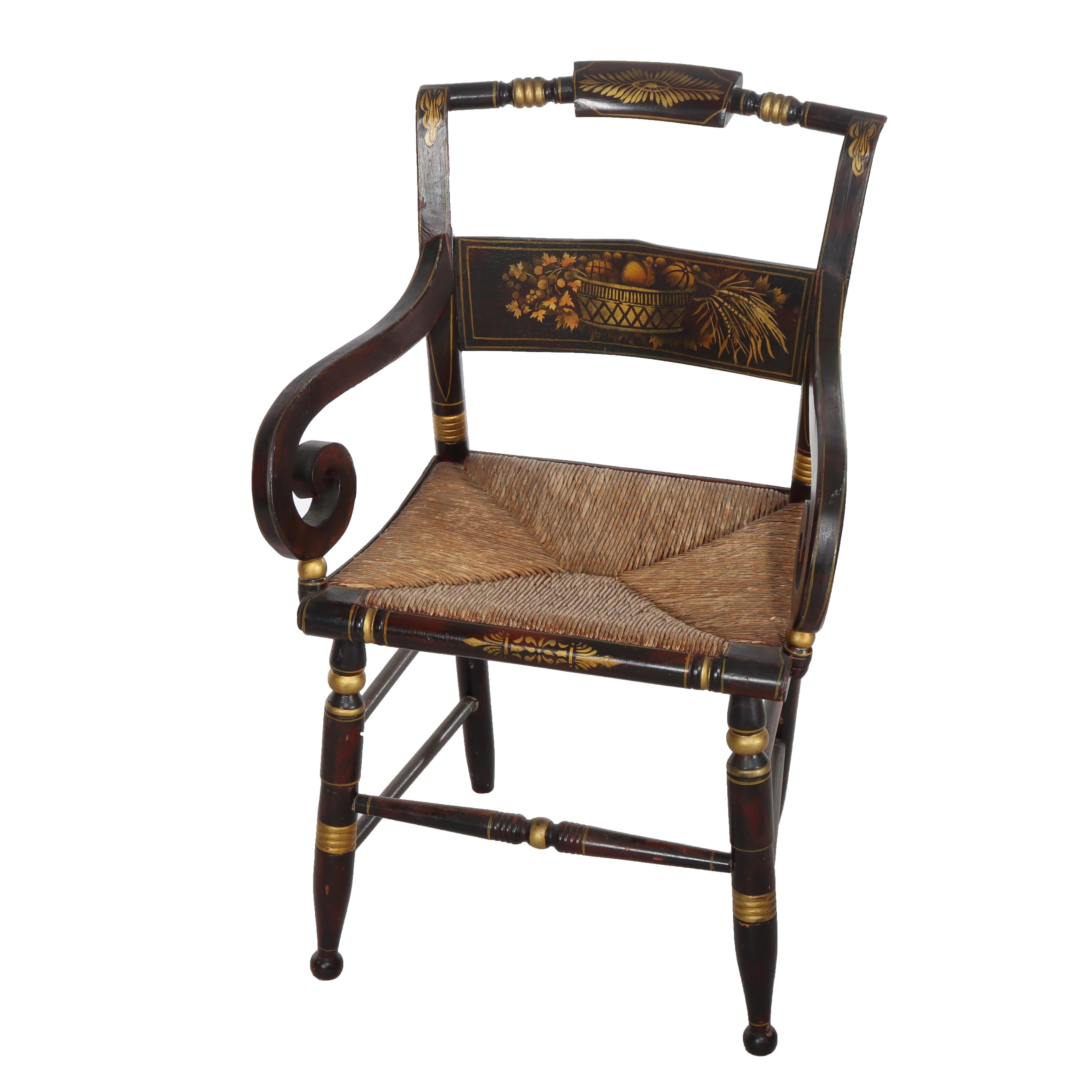 XIXe siècle Huit chaises de salle à manger anciennes à dossier arqué, ébonisées, dorées et décorées au pochoir Hitchcock 19e siècle en vente