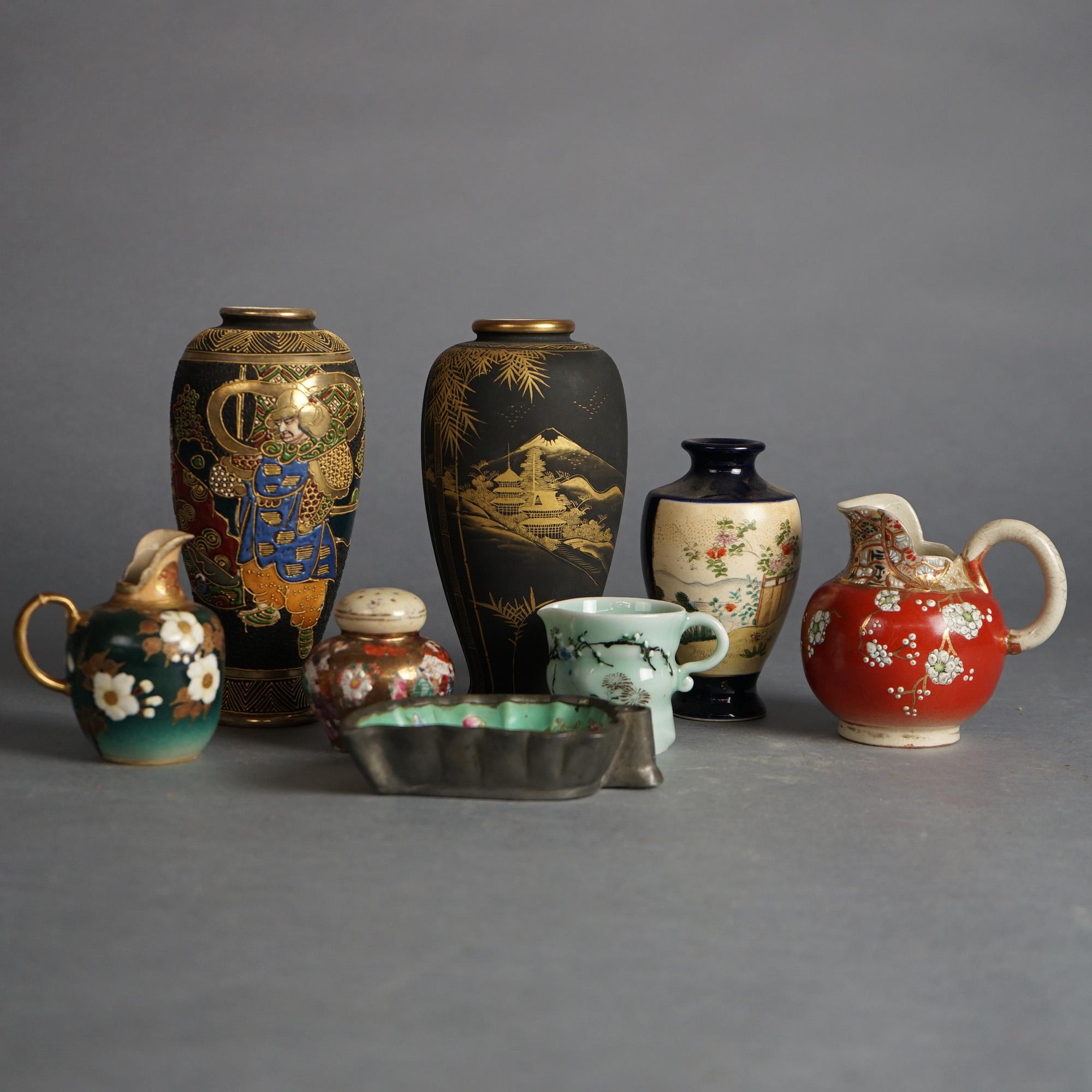 Asian Eight Antique Japanese Satsuma Porcelain Items Including Vases, C1910