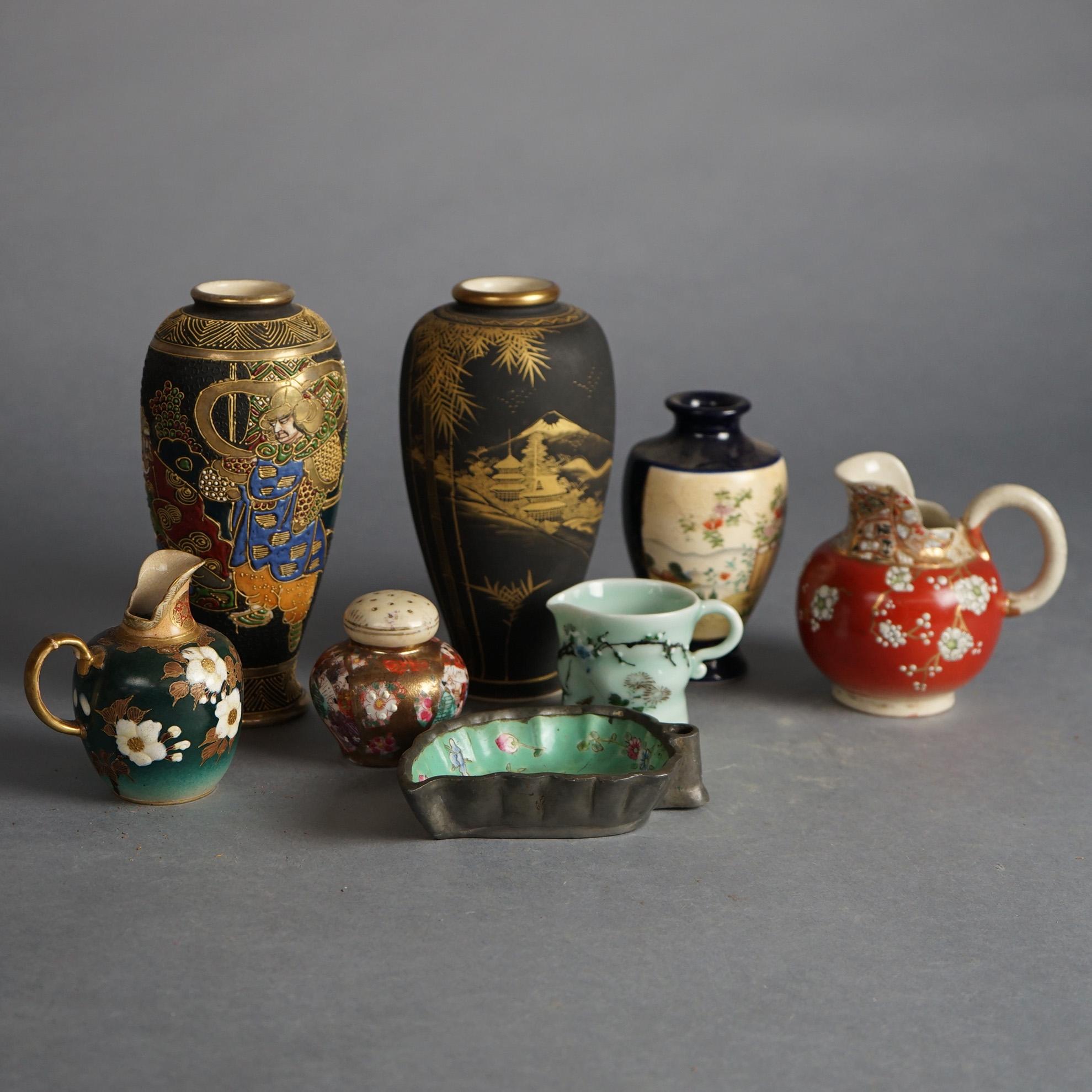 Gilt Eight Antique Japanese Satsuma Porcelain Items Including Vases, C1910