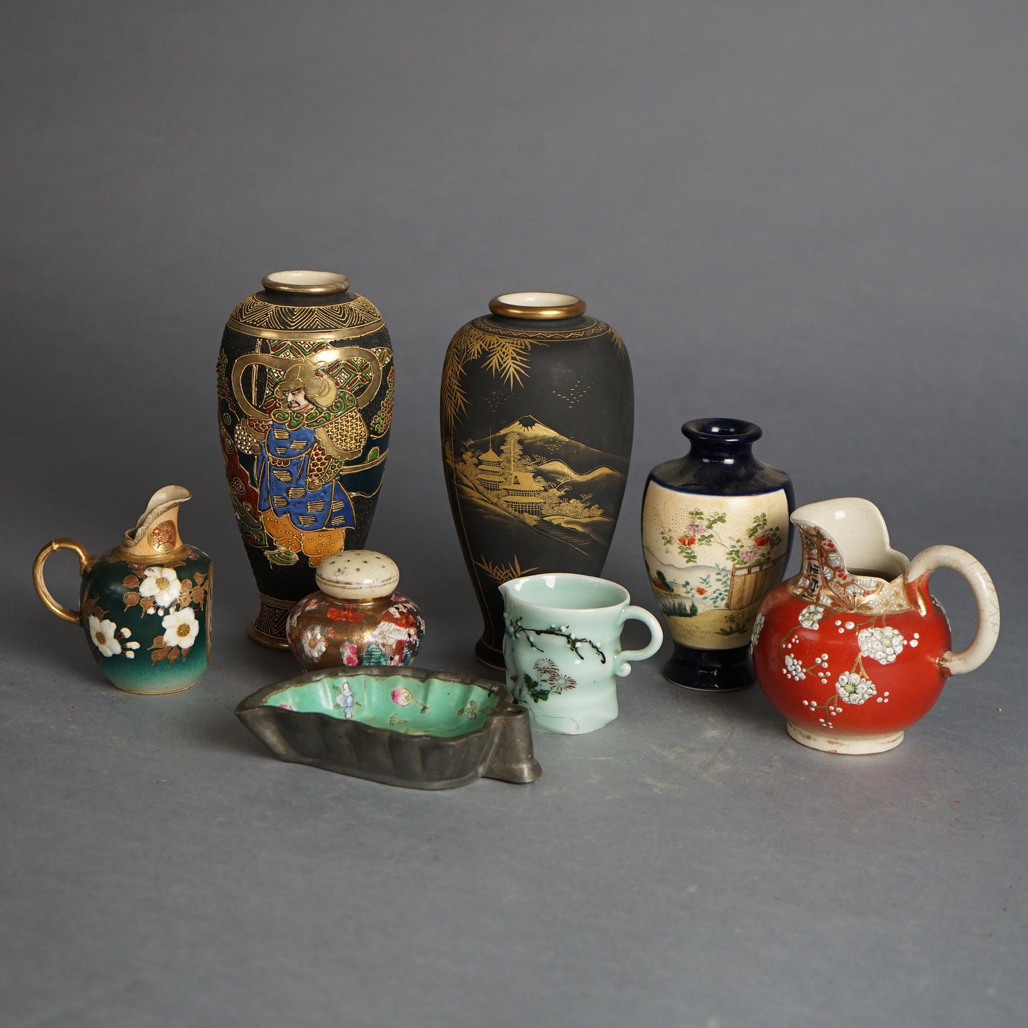Eight Antique Japanese Satsuma Porcelain Items Including Vases, C1910 In Good Condition In Big Flats, NY