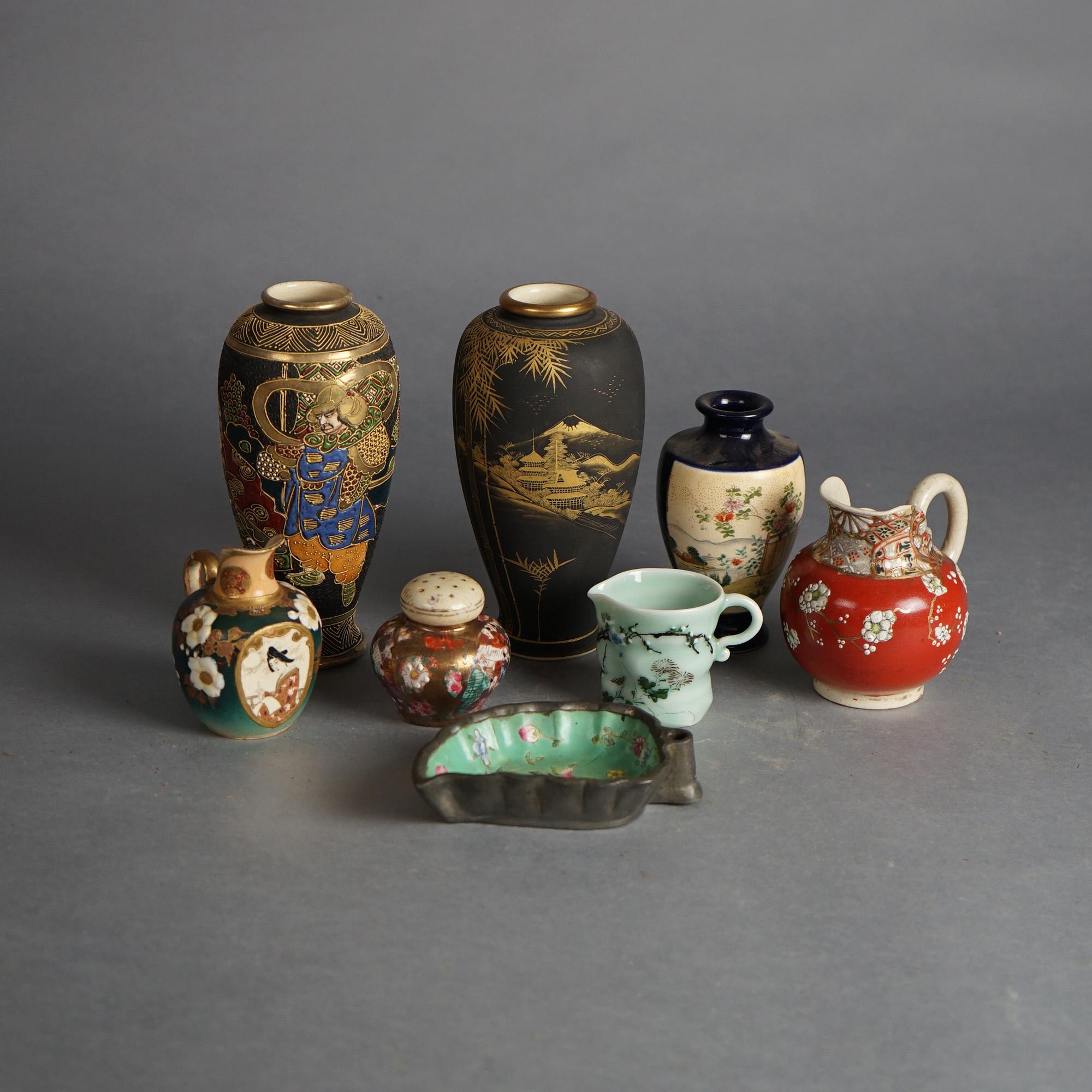 19th Century Eight Antique Japanese Satsuma Porcelain Items Including Vases, C1910