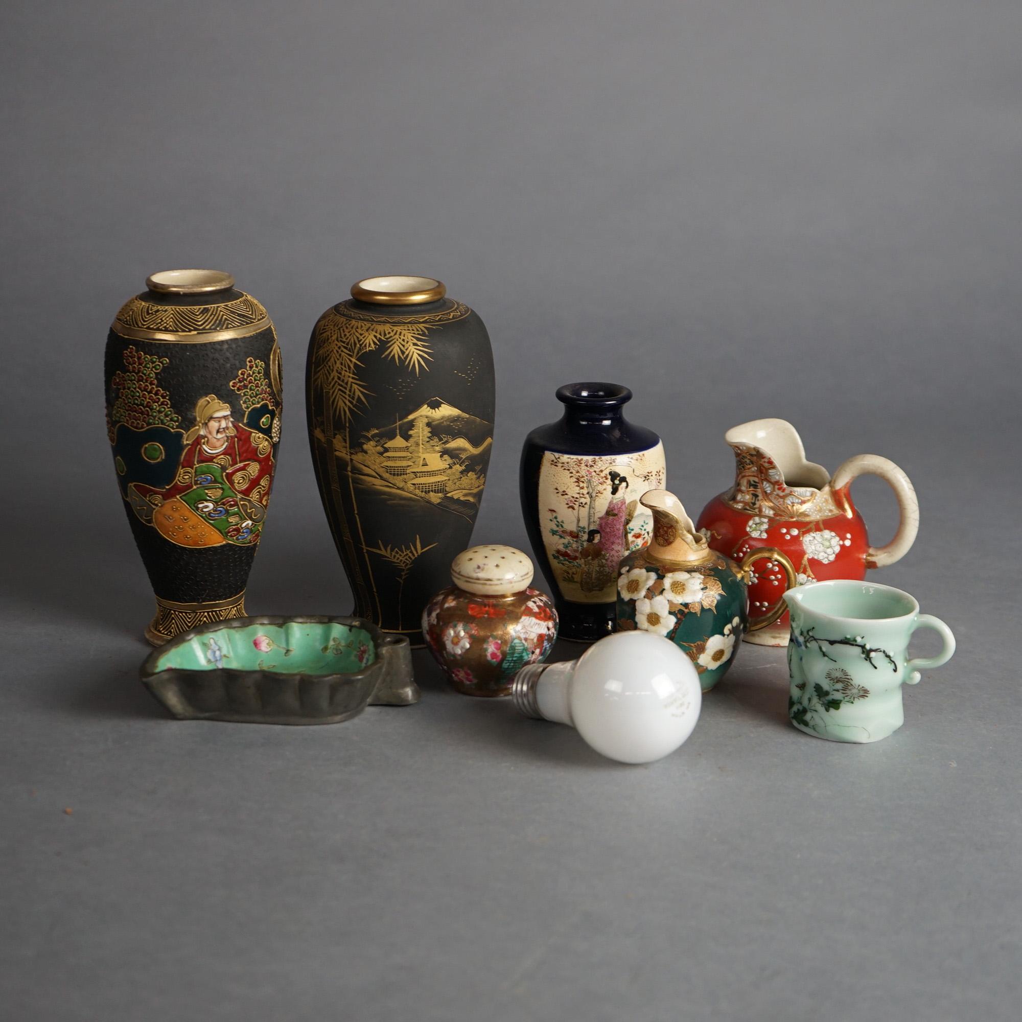 Enamel Eight Antique Japanese Satsuma Porcelain Items Including Vases, C1910