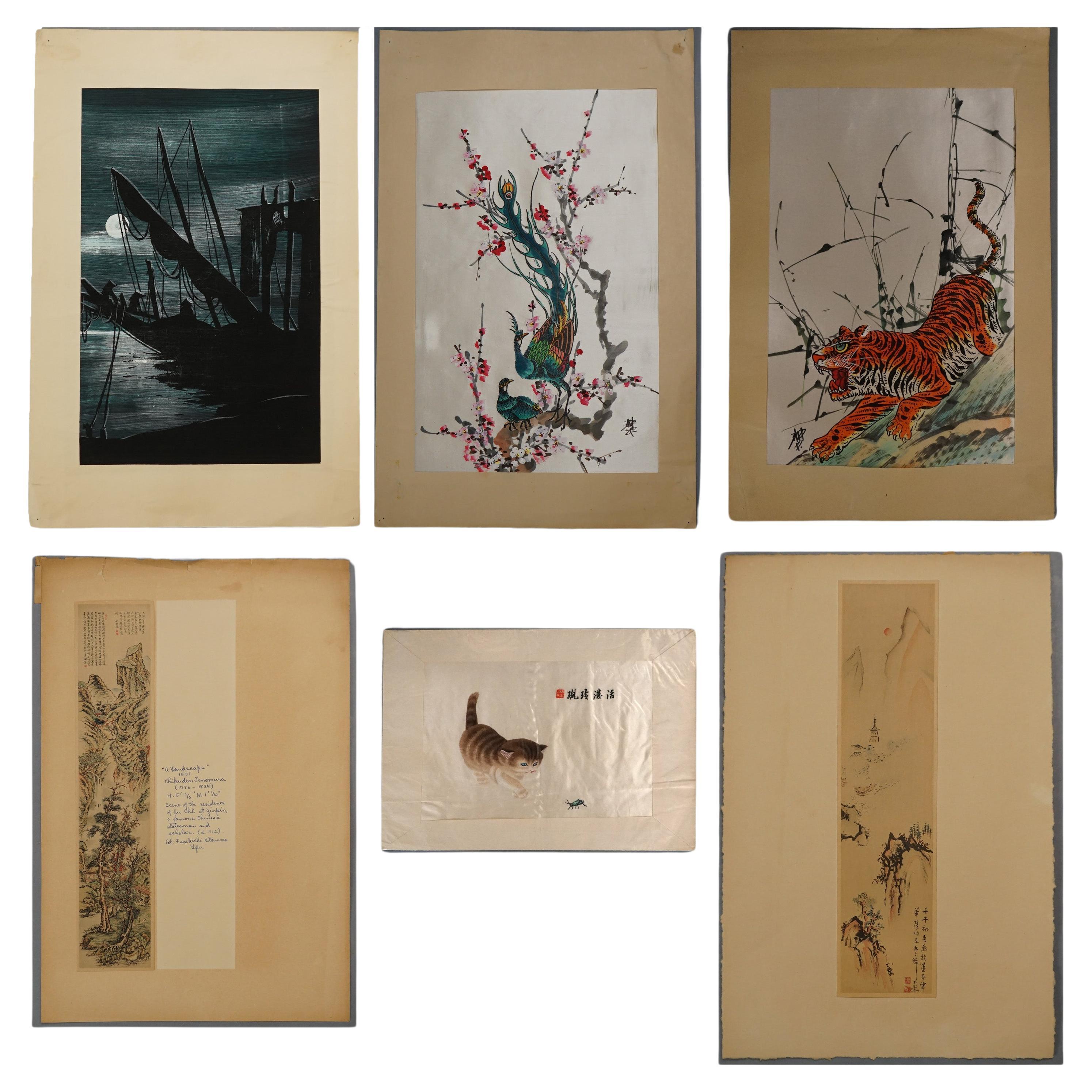 Eight Antique Japanese Woodblock Prints, Oil on Silk c1920 For Sale