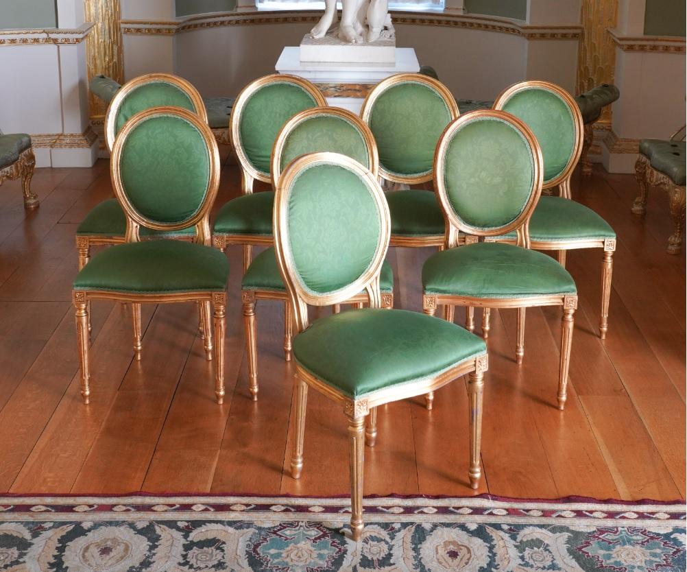 We are delighted to offer for sale this stunning suite of eight Louis XVI style circa 1860-1880 dining chairs from Spencer House which was built for the Spencer family between 1756-1766 for John, the first Earl Spencer, currently resides Charles