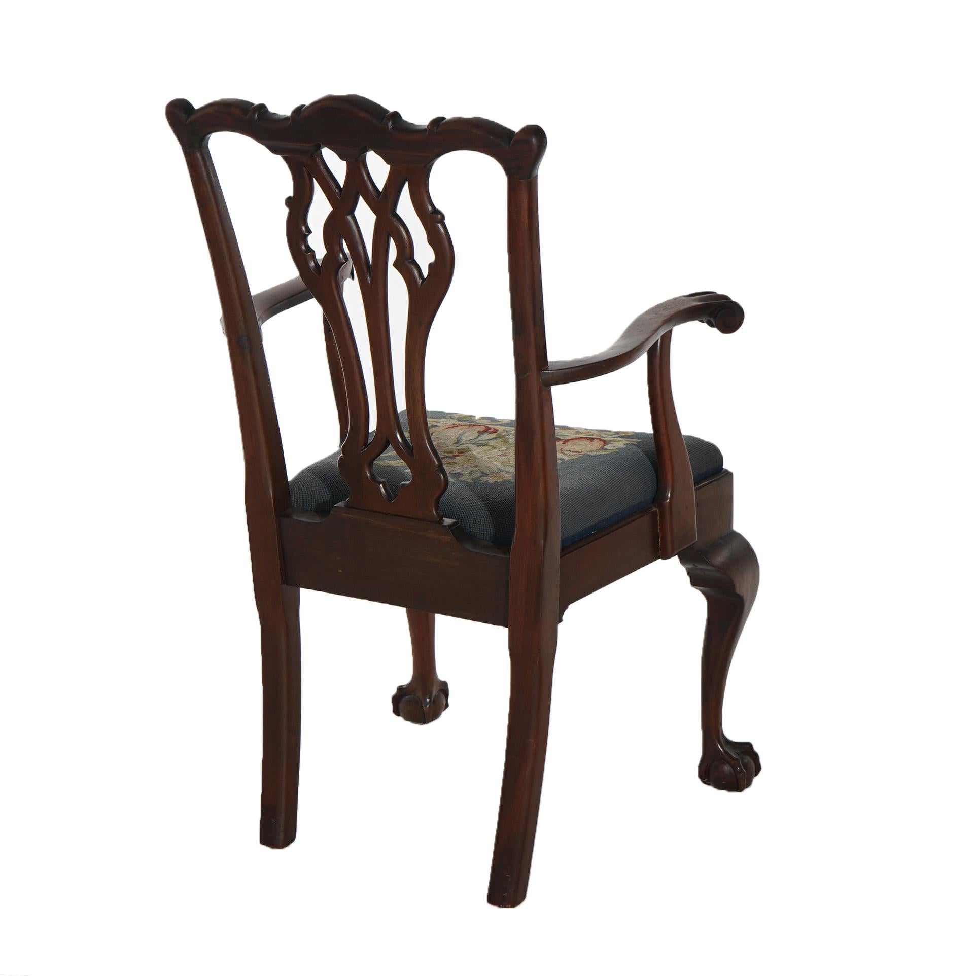 Eight Antique Mahogany & Needlepoint Chippendale Style Dining Chairs c1920 5