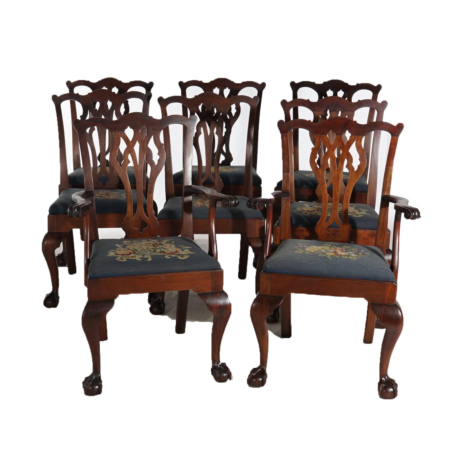 Eight Antique Mahogany & Needlepoint Chippendale Style Dining Chairs c1920 In Good Condition In Big Flats, NY
