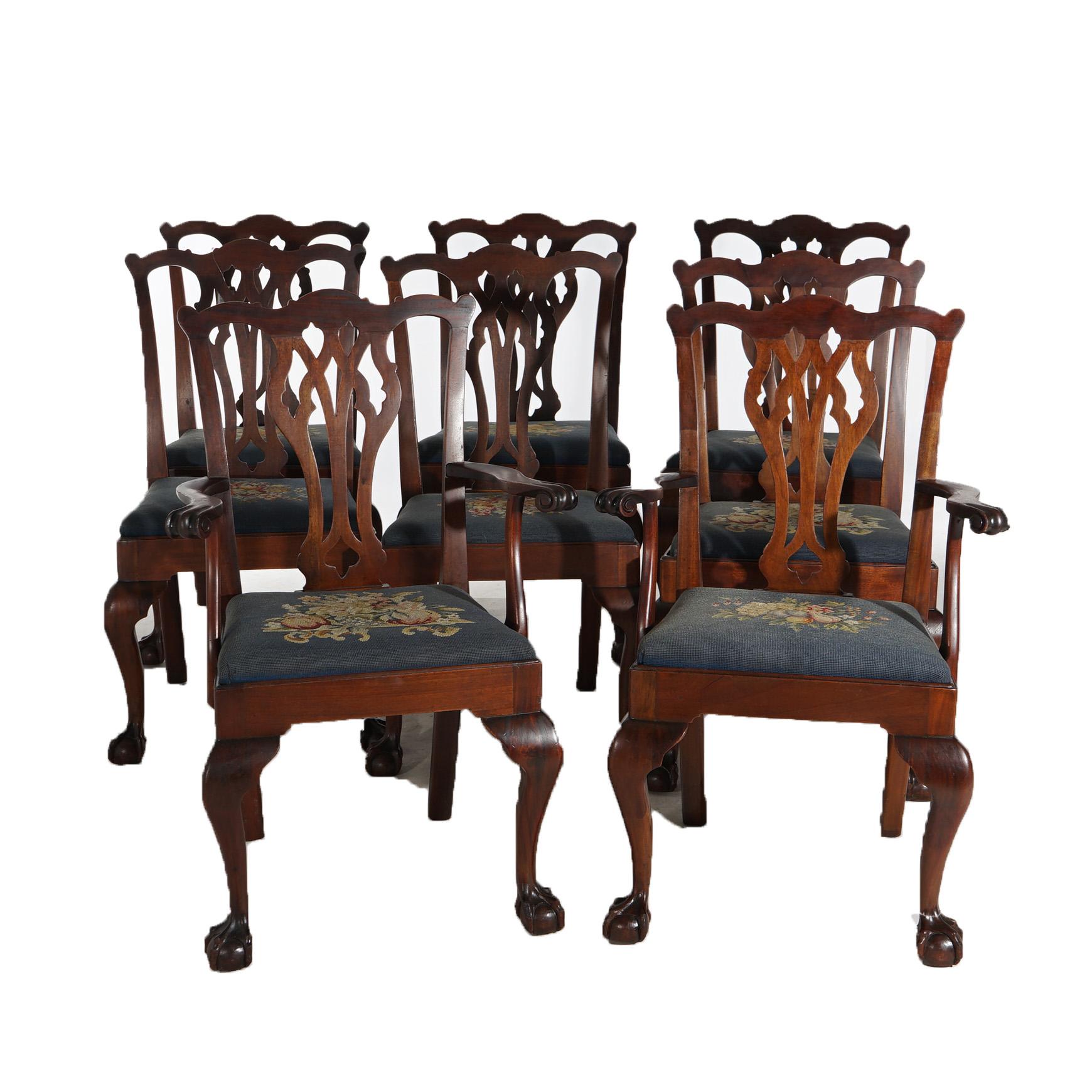 20th Century Eight Antique Mahogany & Needlepoint Chippendale Style Dining Chairs c1920