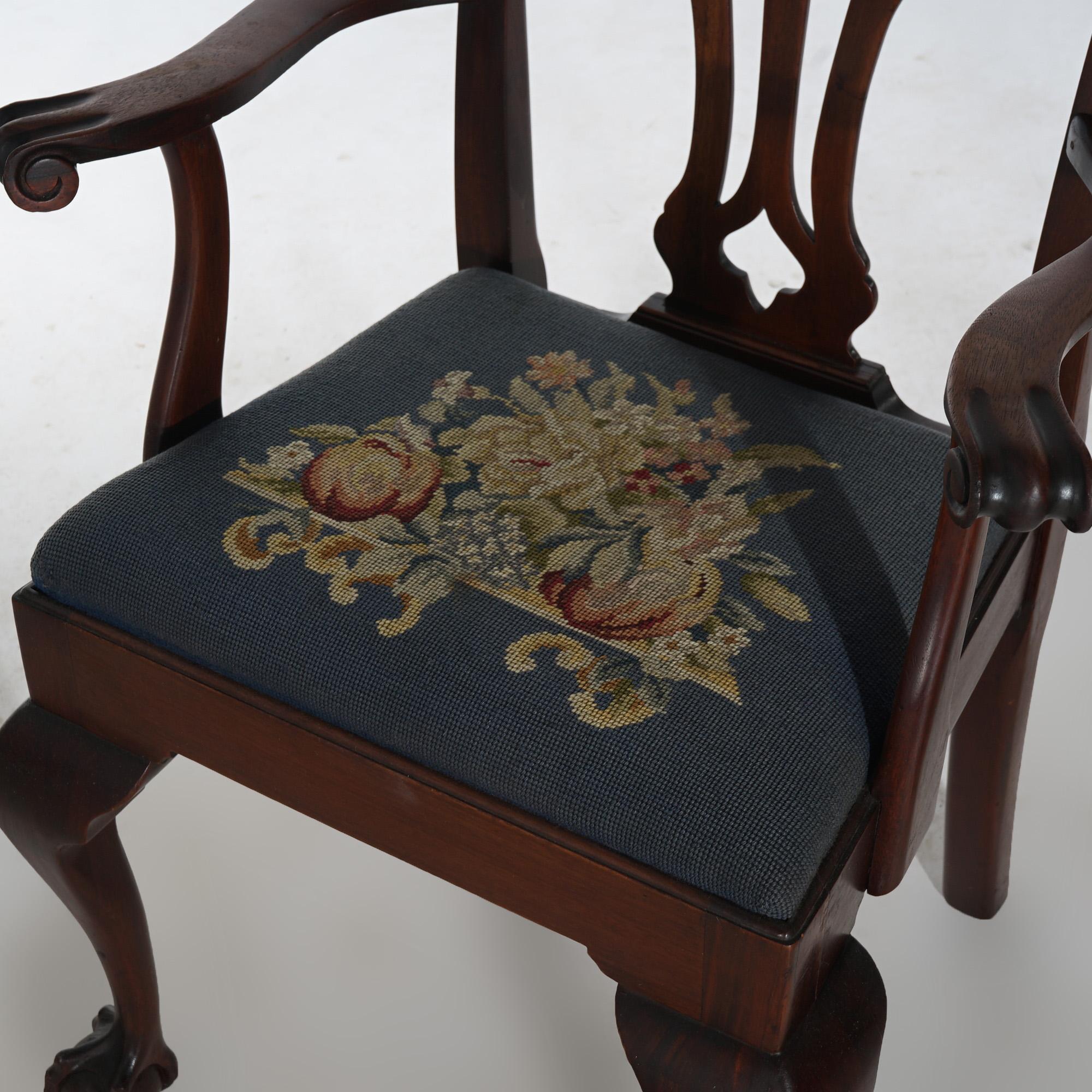 Upholstery Eight Antique Mahogany & Needlepoint Chippendale Style Dining Chairs c1920