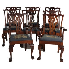Eight Antique Mahogany & Needlepoint Chippendale Style Dining Chairs c1920